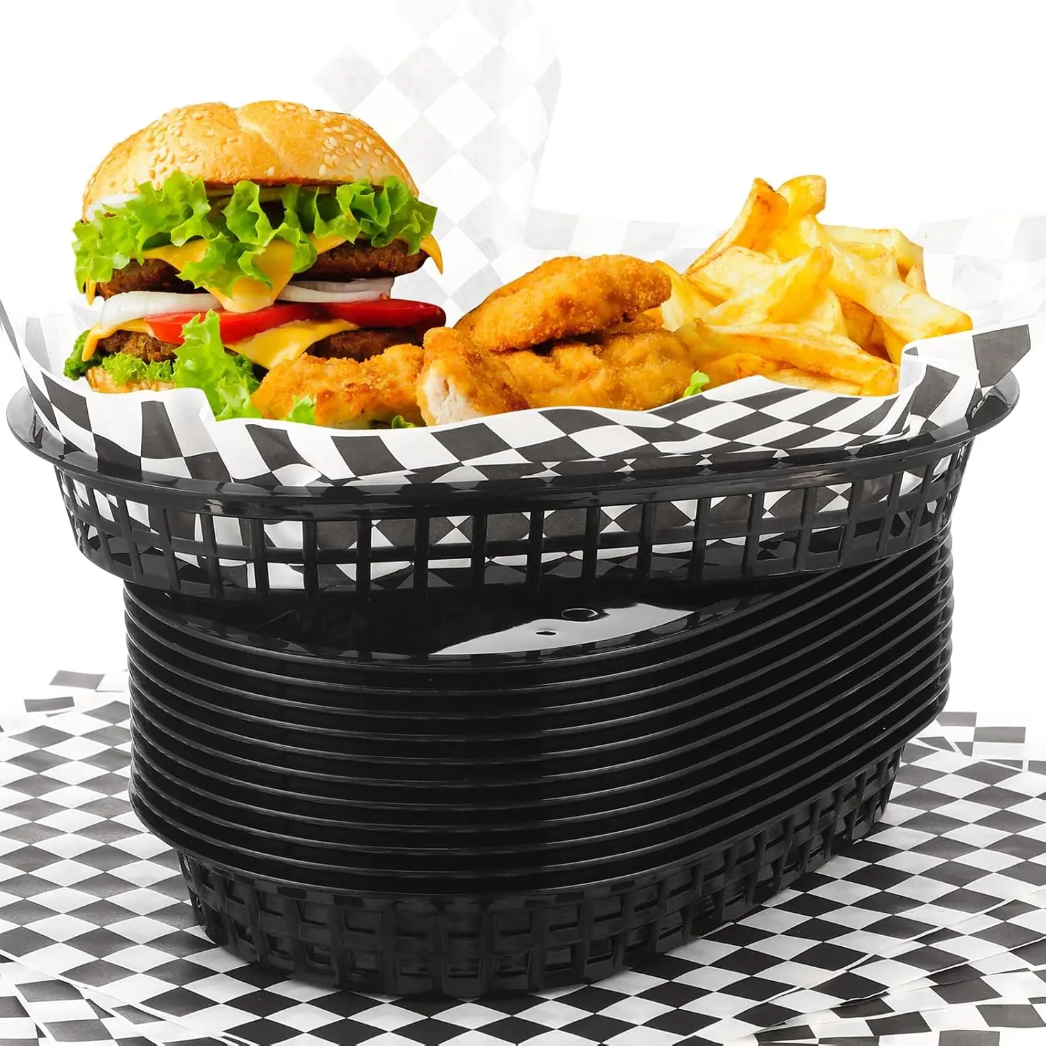 24 Pcs Food Baskets for Serving with 100 Deli Liners Fast Food Baskets 10.5 x 7 Inch Restaurant Serving Trays for Burger Chip Hot Dog Hamburger Bread Picnic(Black)