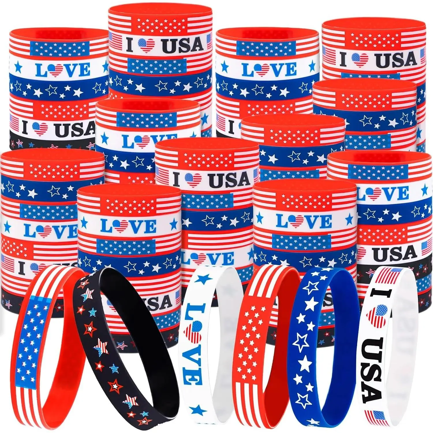 144PCS 4th/Fourth of July Accessories Party Favors: Patriotic Silicone Rubber Bracelets Bulk USA Flag Wristbands American Memorial Day Decorations Gifts Supplies