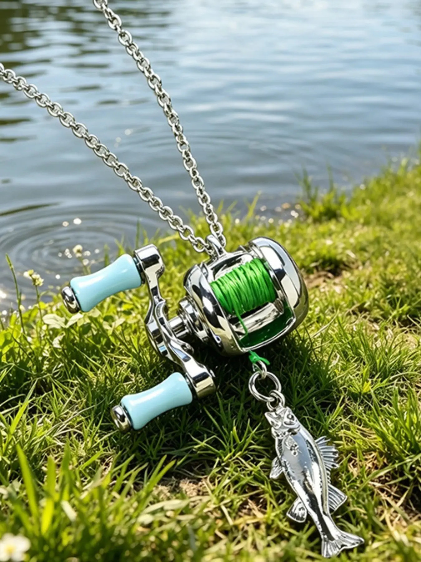 🎣 The most satisfying chain necklace ever with plain pattern, Casual Trendy Jewelry! This fishing reel design actually spins perfectly 🌀 #fishingjewelry #spinnablependant #noveltyjewelry