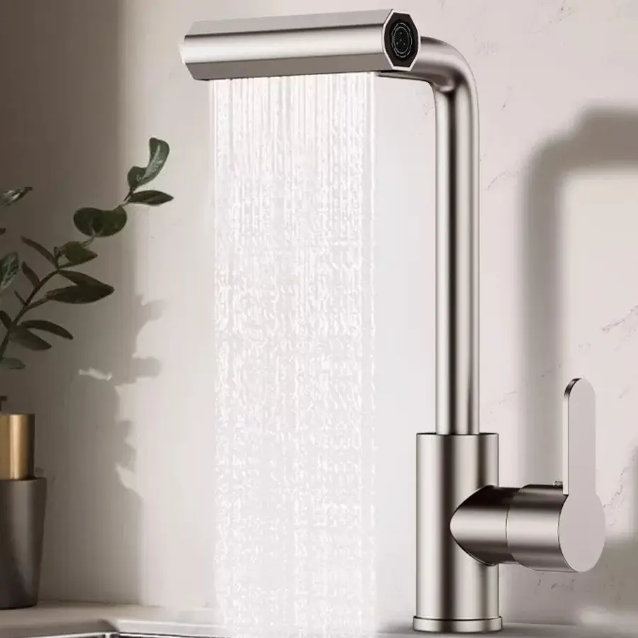 Waterfall Kitchen Faucet Stainless Steel, 360° Rotating Spray Head, Hot and Cold Water Sink Mixer, Modern Kitchen Faucet Design, Waterfall Kitchen Taps