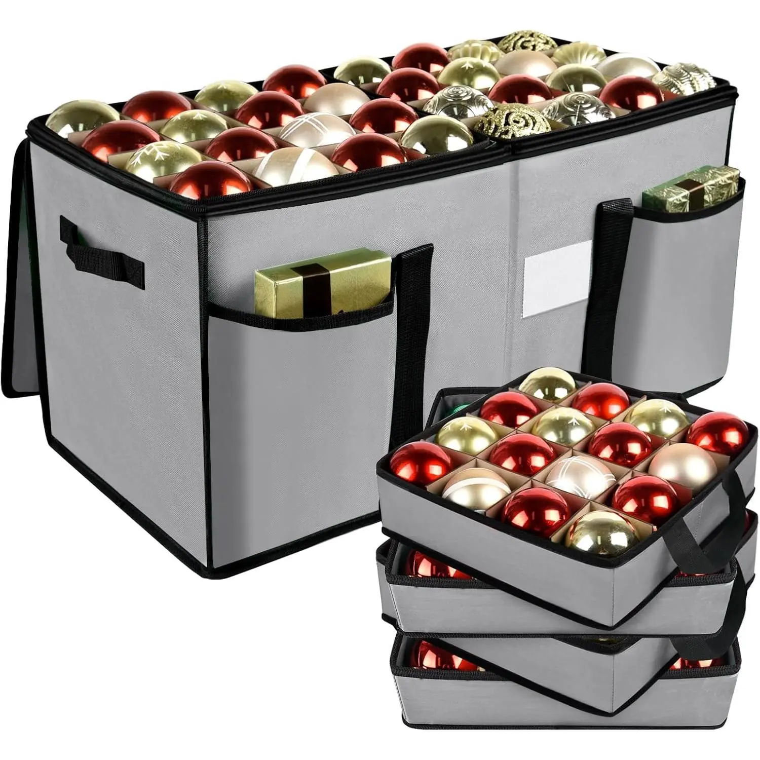 Gray Christmas Ornament Storage Box Organiser - 600D Oxford Fabric, Adjustable Dividers, Removable Trays, Dual Zippers, Reinforced Handles, Ornament Holder for 128 Balls