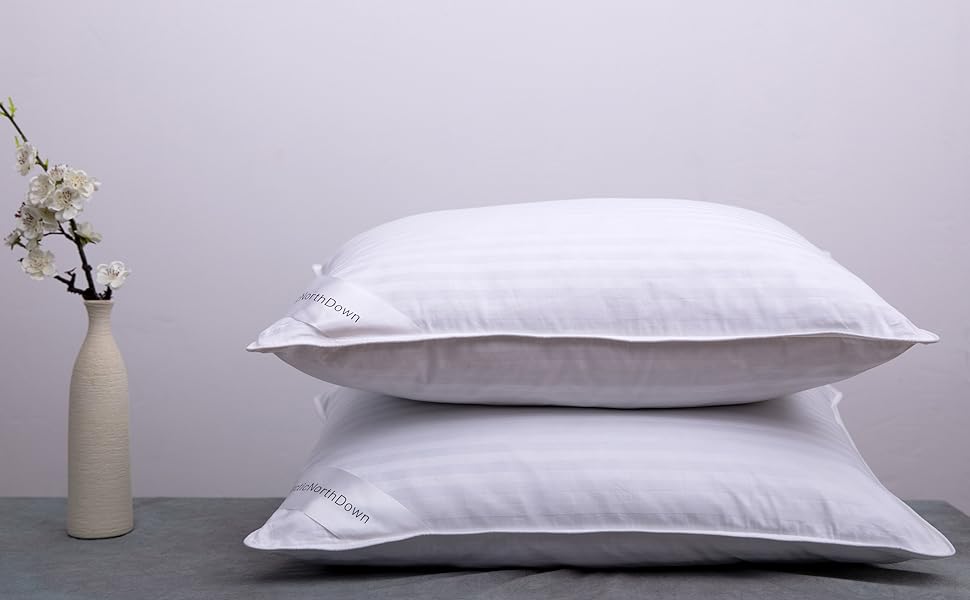 Goose Down Feather Bed Pillows for Sleeping Pair Standard Pillows for Back, Stomach or Side Sleepers Stripe White Color Set of 2 Pillows