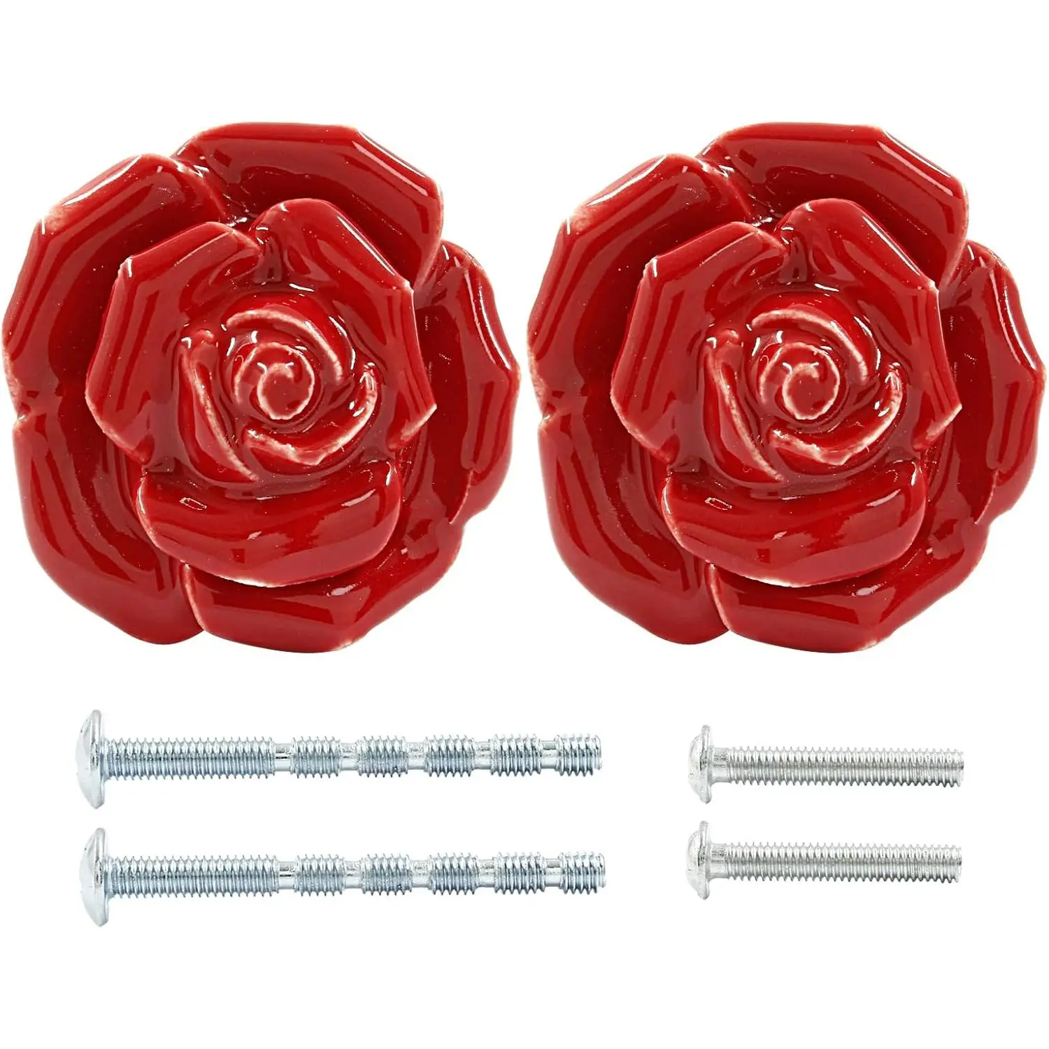 2 count Red Rose Drawer Pulls, Ceramic Flower Knobs | Decor Handles, For Drawer, Cabinet, Dresser, Cupboard, Door