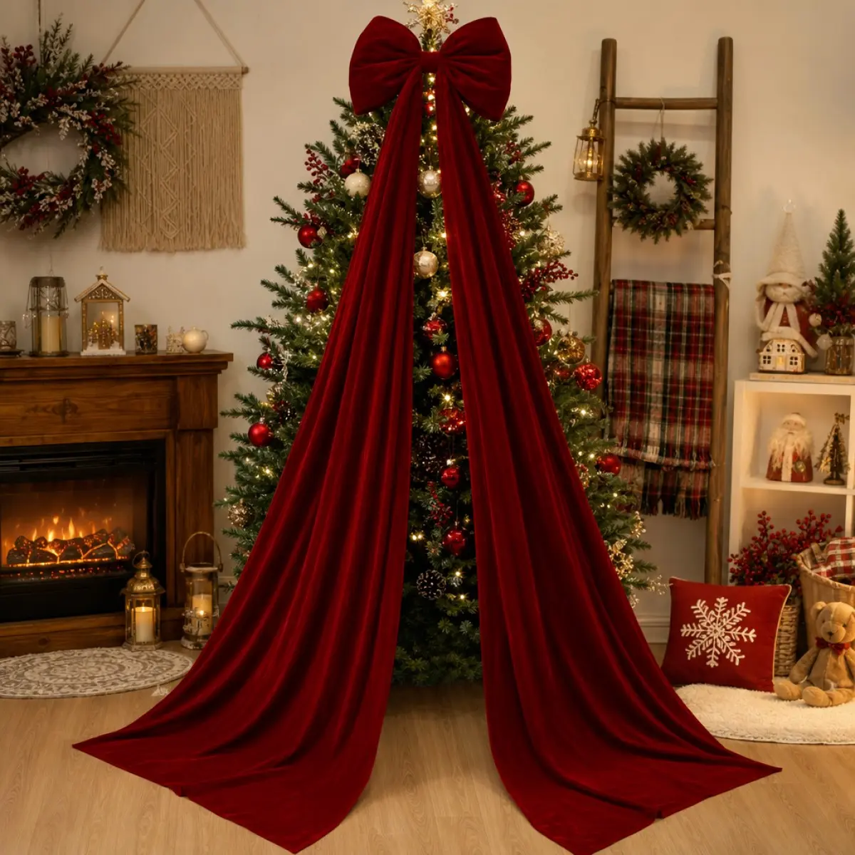Large Velvet Ribbon Bow with 78" Long Streamers in Red & Wine Red, Giant Hanging Bow Ornament for Christmas Tree Staircase Wedding Holiday Wall Home Decor