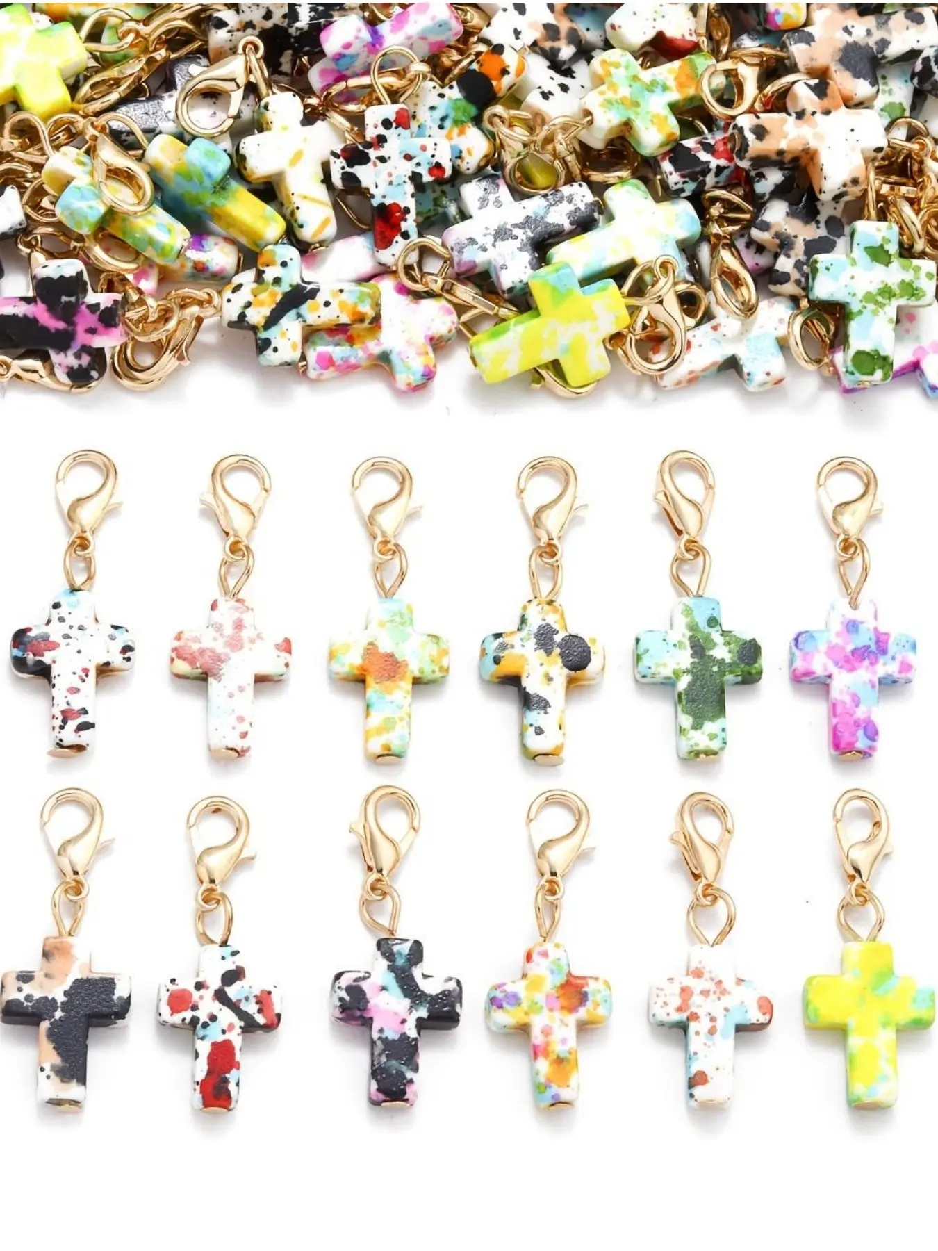 50pcs Cross Natural Stone Pendants with Lobster Clasp, Ideal for Keychains, Keychain Charms, Keychain Decor, Cute All over Print Design