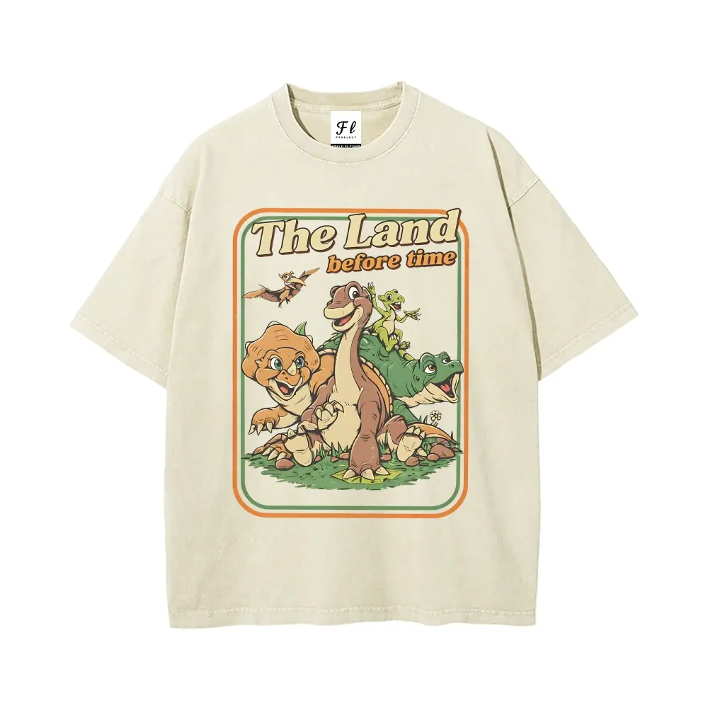 Vintage Dinosaur Land Wash Tee, Heavyweight Acid Wash Pink T-Shirt, Retro 90s Nostalgia Cartoon Graphic Tee, 100% Cotton Kidcore Aesthetic Top
