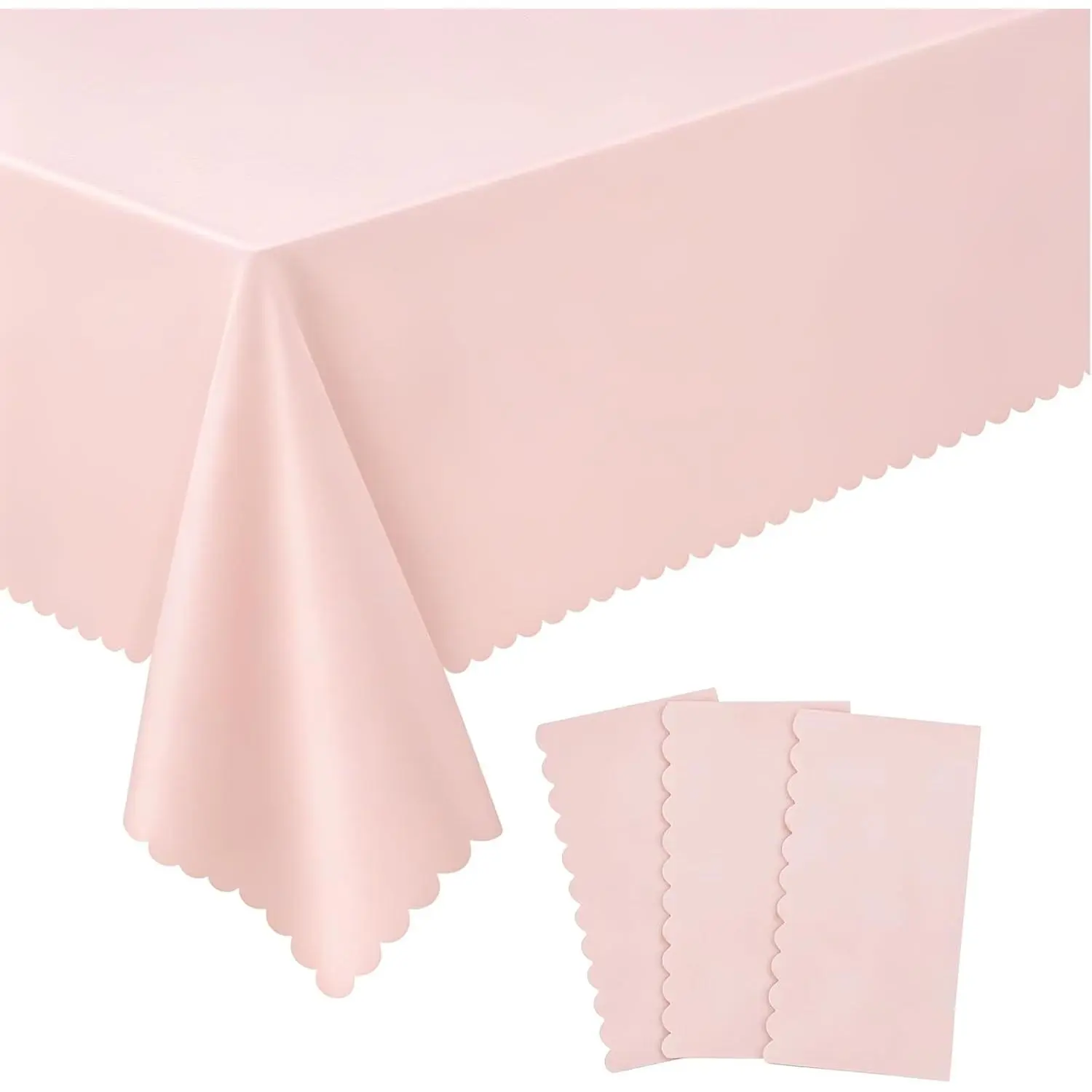 3 Pack Plastic Light Pink Tablecloths, 54 X 108Inch Disposable Spring Tablecloth Scalloped Pink Table Cloth for Rectangle Tables Table Cover for Girls Birthday Baby Bridal Shower Tea Party Wedding
