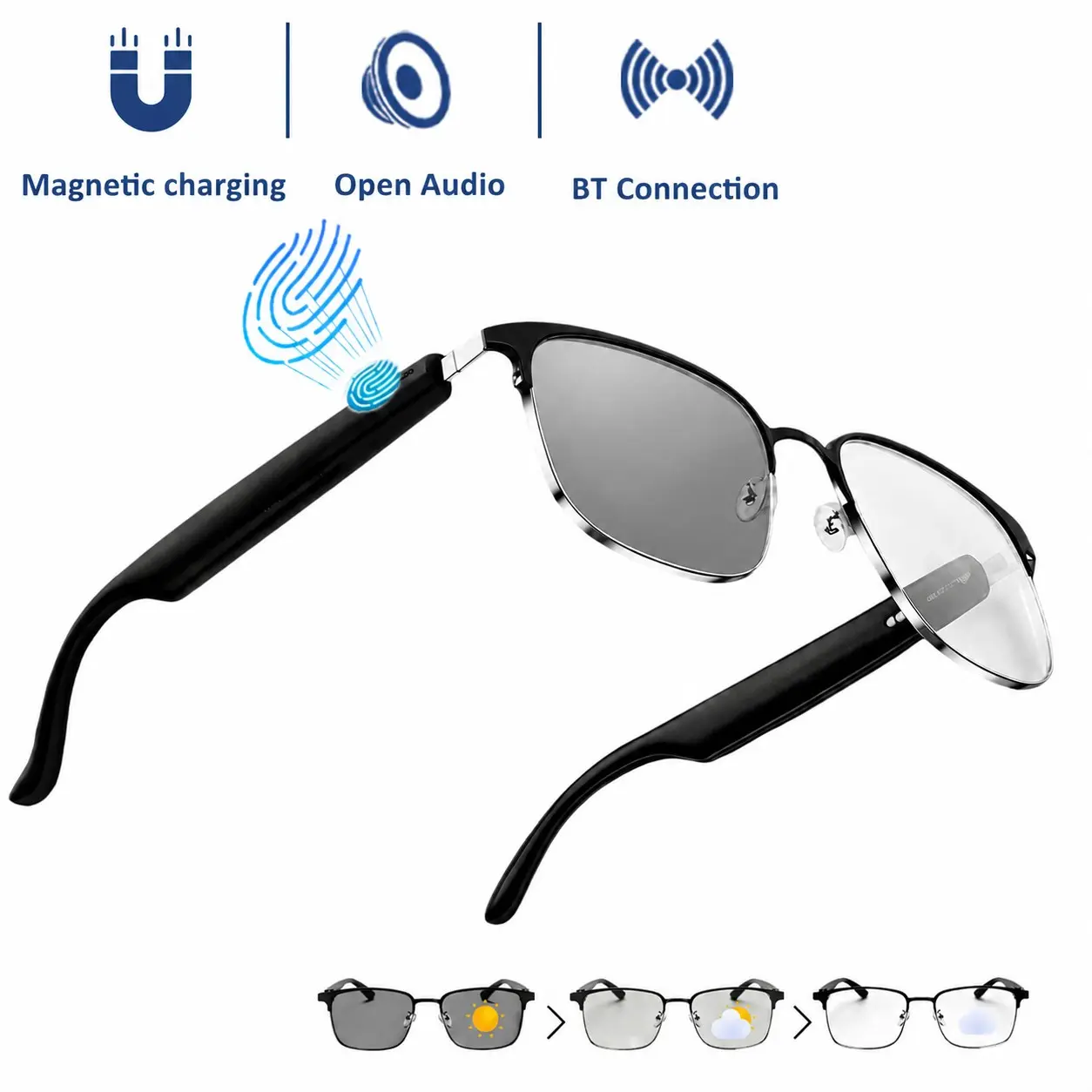 Smart Bluetooth Glasses with Auto-Tinting lenses, UV Protection Lenses Safety Eyewear, Open-Ear Audio Design and Hands-Free Calling, Multifunctional Wireless Smart Glasses for Travel, Coffee & Commuting, Great Present