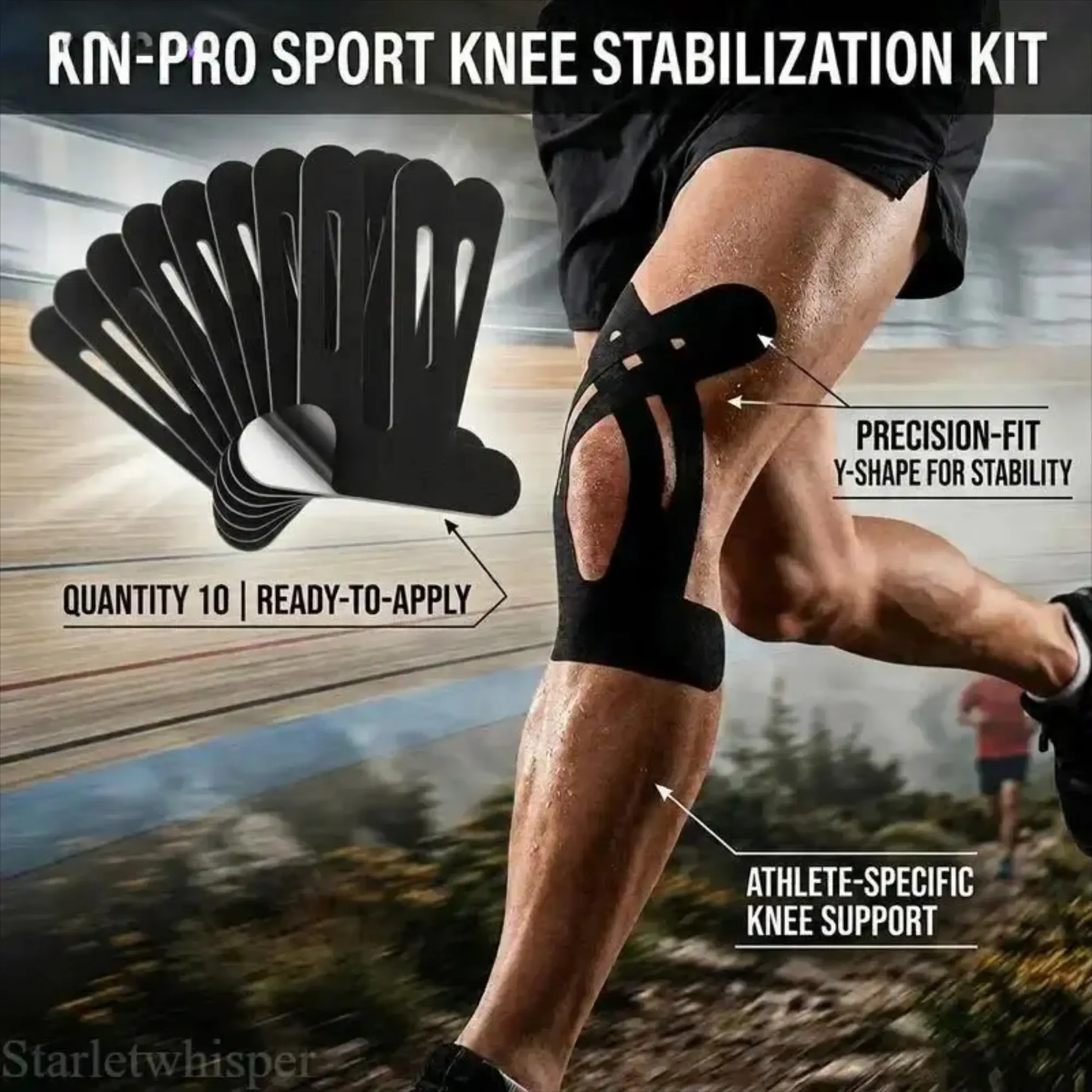 10 PCS Pre-Cut Kinesiology Knee Tape, Waterproof Elastic Strips for Pain Relief - Hypoallergenic Anatomical Fit for Running, Dance & Weightlifting, Volleyball, Martial Arts, Pre-Cut Strips, Functional, Plastic