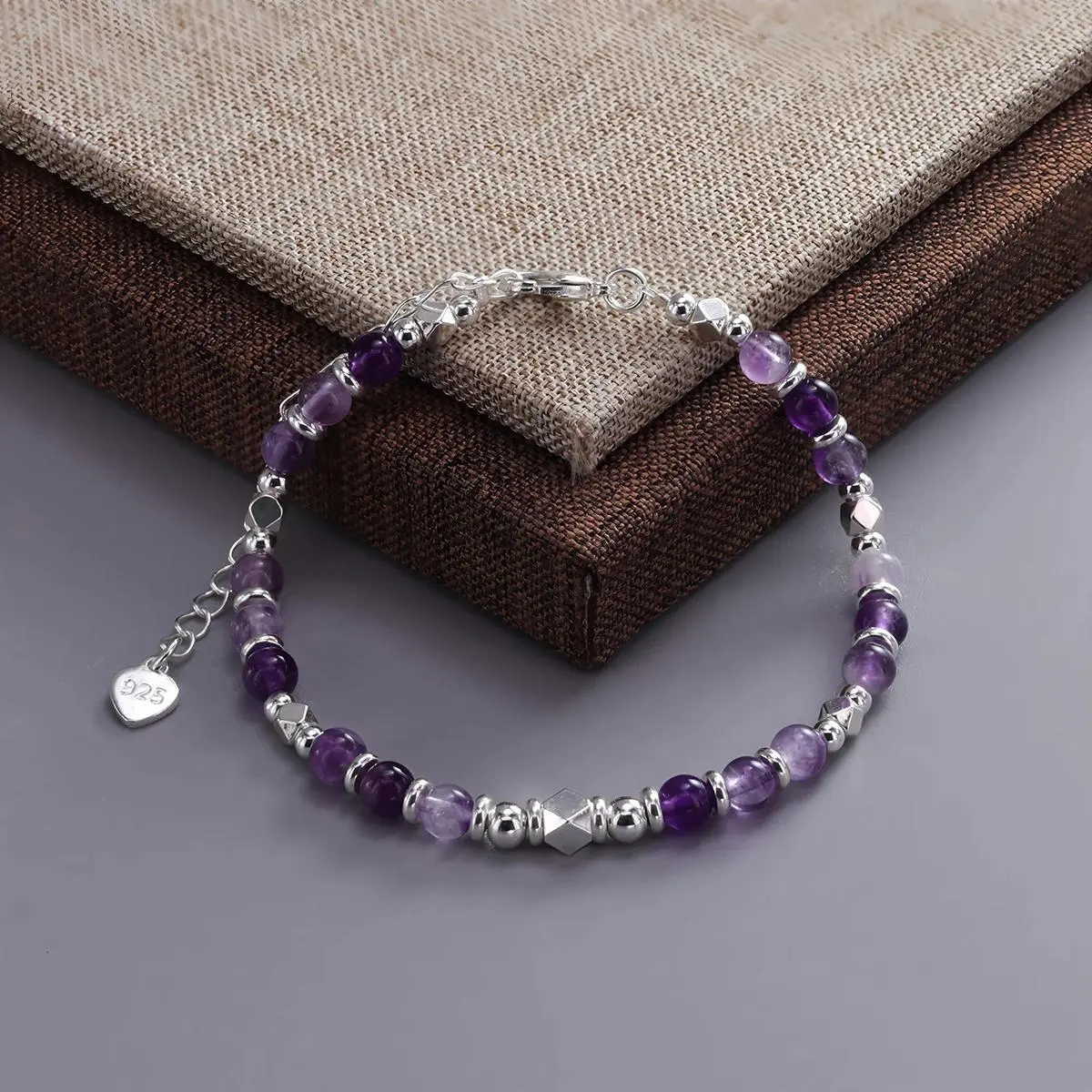 VENTFILLE 925 Sterling Silver Natural Amethyst Crystal Silver Round Bead Bracelet For Women Gift Bohemia Jewelry Dropshipping
