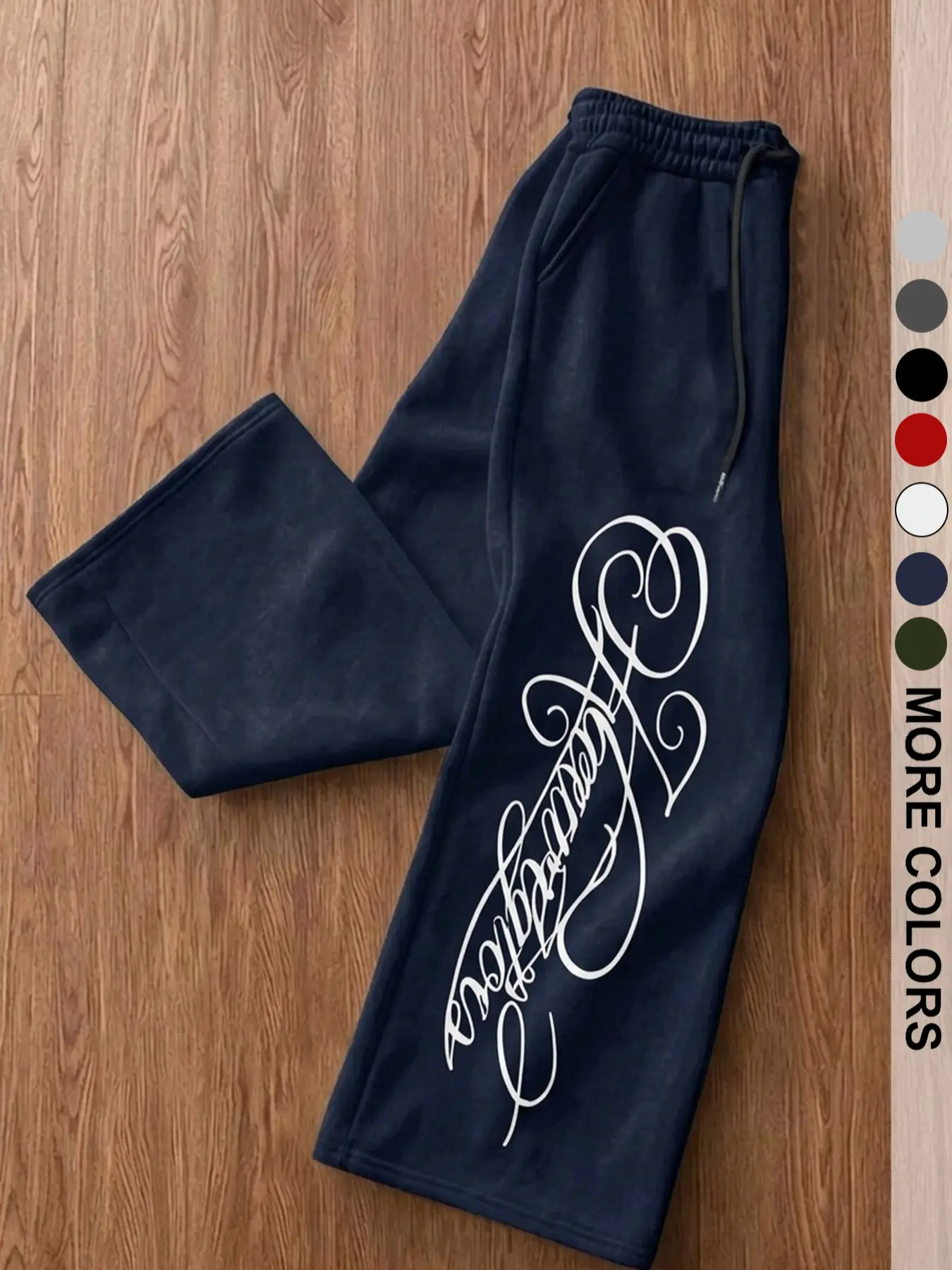 Unisex Wide-Leg Loose Fit Sweatpants, Handwritten Gothic Silver Color Text Print, Street Style, Spring & Fall Fashion