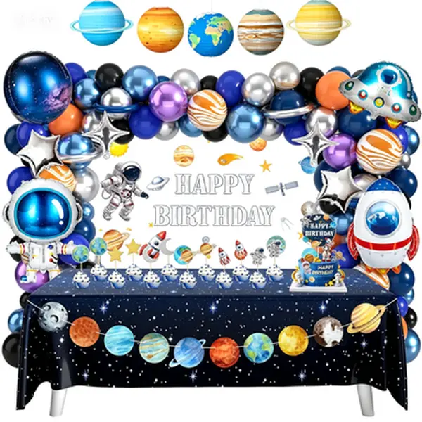 Outer Space Birthday Party Decorations Space Themed Party Supplies Planet Banner Backdrop Cake Topper Solar System Paper Lantern Galaxy Tablecloth Balloon Garland Kit for Space Astronaut Party Decor
