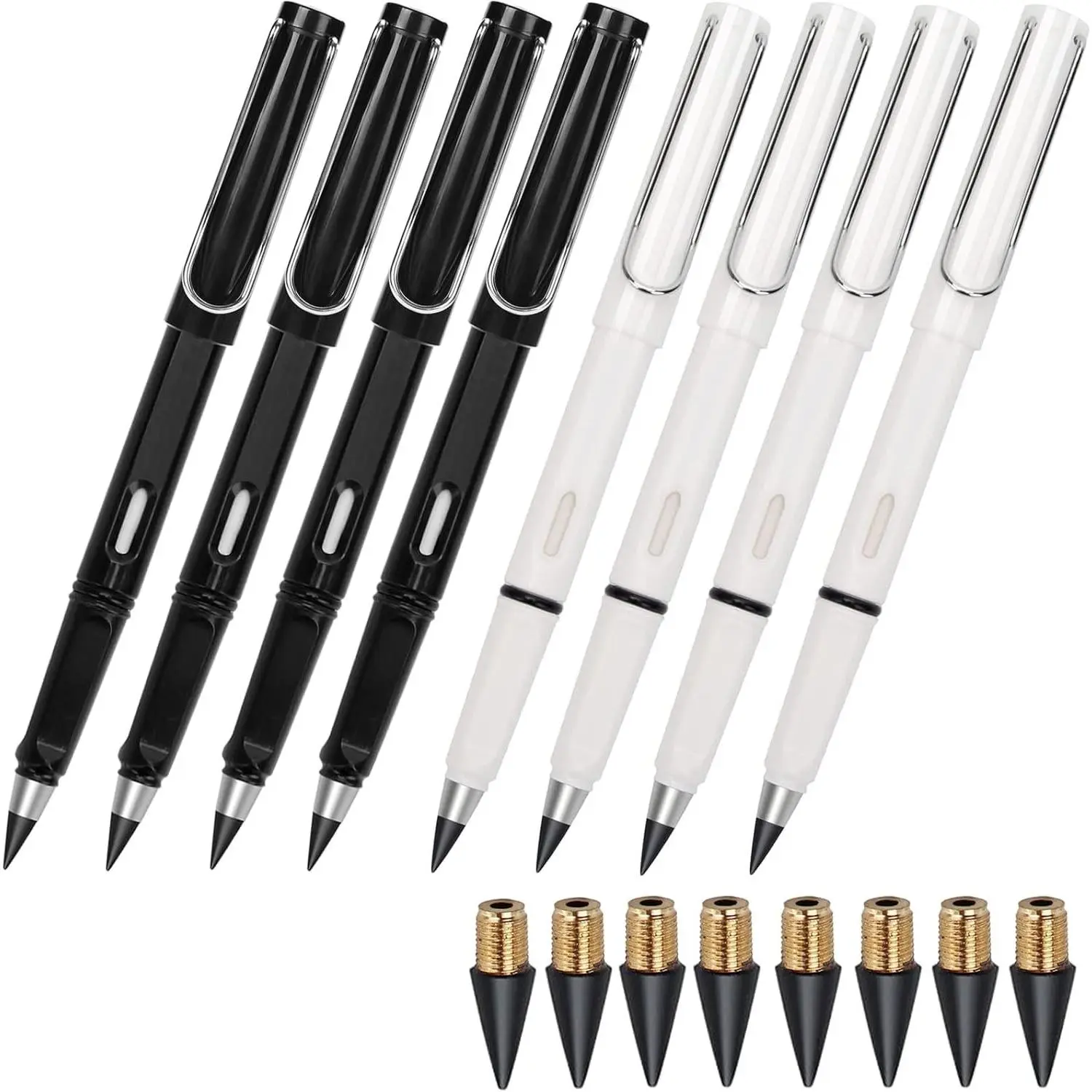 Infinity Forever Pencil - 0.7mm Infinite Everlasting Metal Inkless Pencils Set with Eraser, No Need Sharpened, Replace Mechanical Pen for Sketch, Drawing and Writing（8Pcs Black + White）