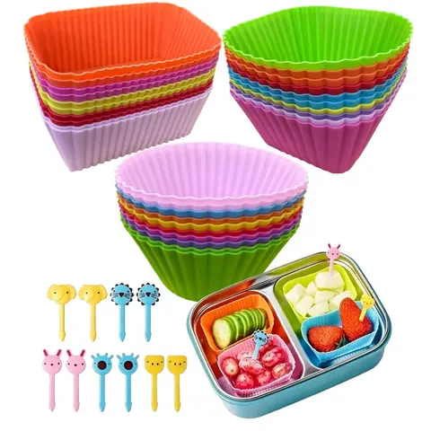Silicone Muffin Cups & & Fruit Forks, Food Grade, 40 Pcs/Set Lunch Box Dividers (Box Not Included), Durable Reusable Baking Tools, Baking Supplies Kitchenware, Meal Prep Molds, for Home, Party, Camping & Picnic, Random Color