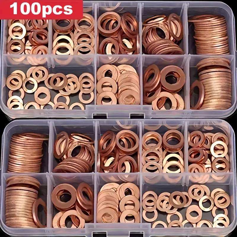 100Pcs Copper Sealing Washers Assortment Kit, Solid O‑Ring Flat Washers for Car Engine Oil Chassis Nuts Bolts, Chassis Plug Gasket Set with Storage Box, Sealing Rings & Copper Wire for Craft
