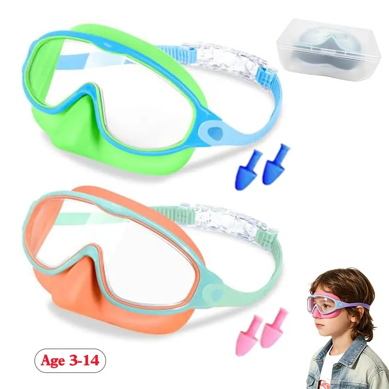 Swimming Goggles with Nose Clip, Pool Goggles, 2-Pack Wide Vision Swim Mask, Anti-Fog, UV Protective Goggles, Leak-Proof, for Kids 3-14 Years, Water Sports & Outdoor Fun