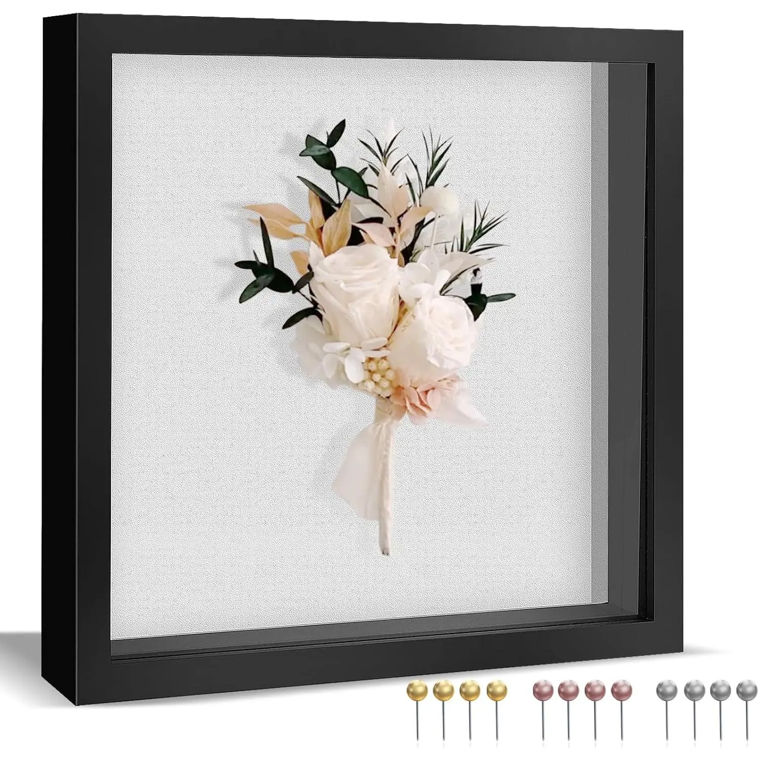 8x8 Shadow Box, Shadow Box Frame with Soft Linen  - Push 12 count Pins Included,  Picture Display Cases Box , Tickets, Souvenirs, Photographs, Handicrafts (Black)