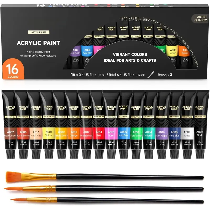 Art Acrylic Paint Set, 16 x12ml Tubes Artist Quality Non Toxic Rich Pigments Colors Great for Kids Adults Professional Painting on Canvas Wood Clay Fabric Ceramic Crafts
