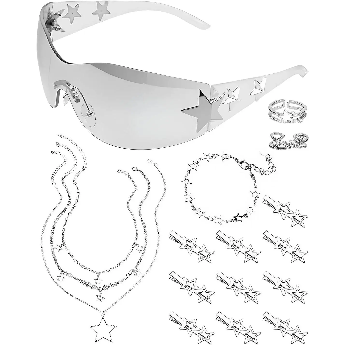 18 count  Accessories Set Y2K Grunge  Emo  for Women Layered Necklace Punk Bracelet Rings Sunglasses  Hair Clips Alt Accessories