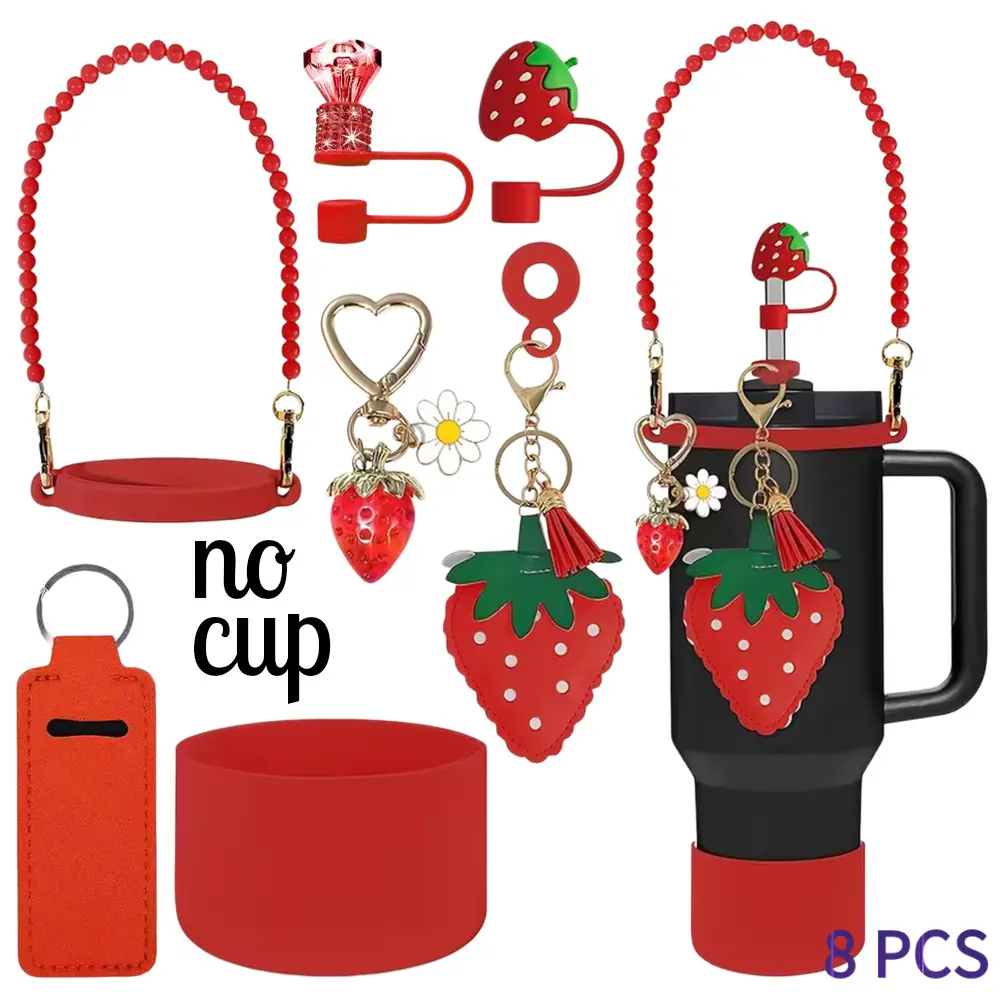 Set of 8 Strawberry Cup Keychain Additions, Featuring a Handle Strap for 30/40Oz Tumblers, Along with Straw Toppers, Cup Boots, Keychain Charms, And Decorative Items for Women And Man