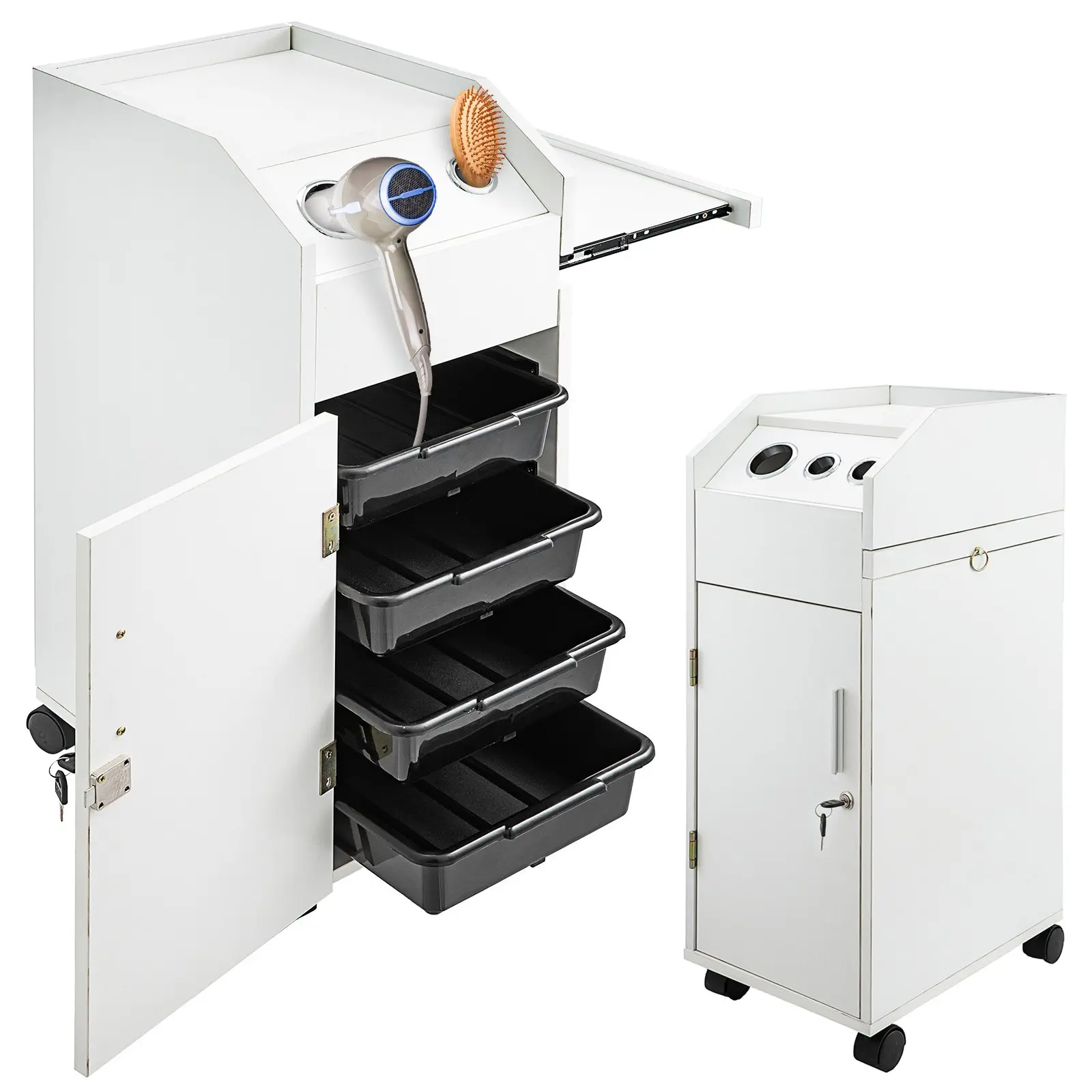 VEVOR Rectangular Salon SPA Beauty Hairdressing Cart, White Lockable Storage Trolley with 4 Drawer Slots, Rolling Wheels, Lockable Keys, Heat-Resistant Hairdryer Holder, Space-Saving Side Tray, Includes Screws