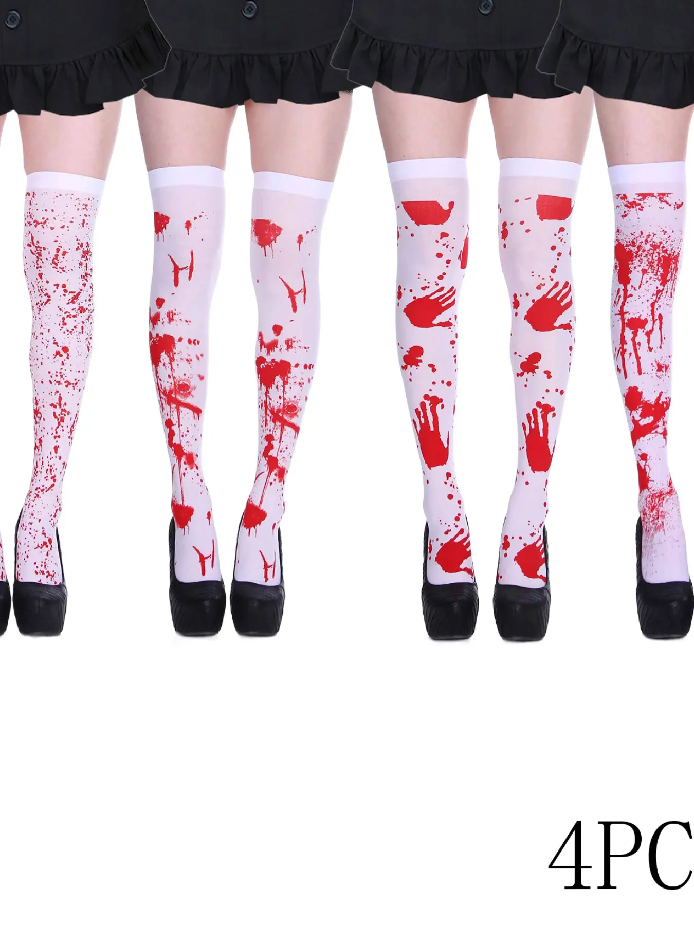 4 Pairs Halloween Bloodstain Over-The-Knee Socks, Horror Blood Handprint Splash Print High-Calf Stockings, Witch Zombie Cosplay Party Leggings