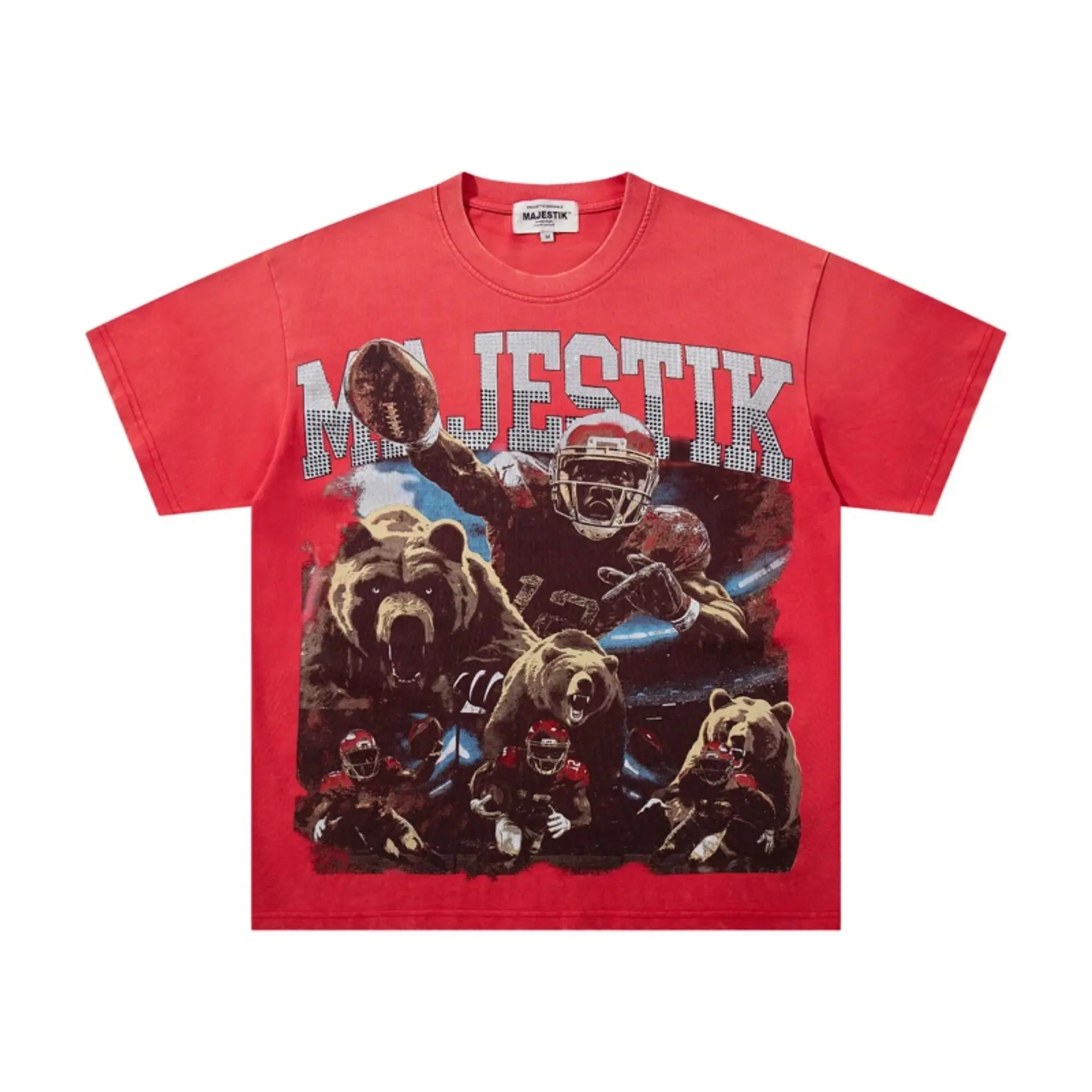 Vintage Red MAJESTIK Men's Shortsleeve Bling T-Shirt - Football Bear Rhinestone Print, Sporty Menswear Casual Streetwear Top, Gym Clothing for Father's Day, Tshirt