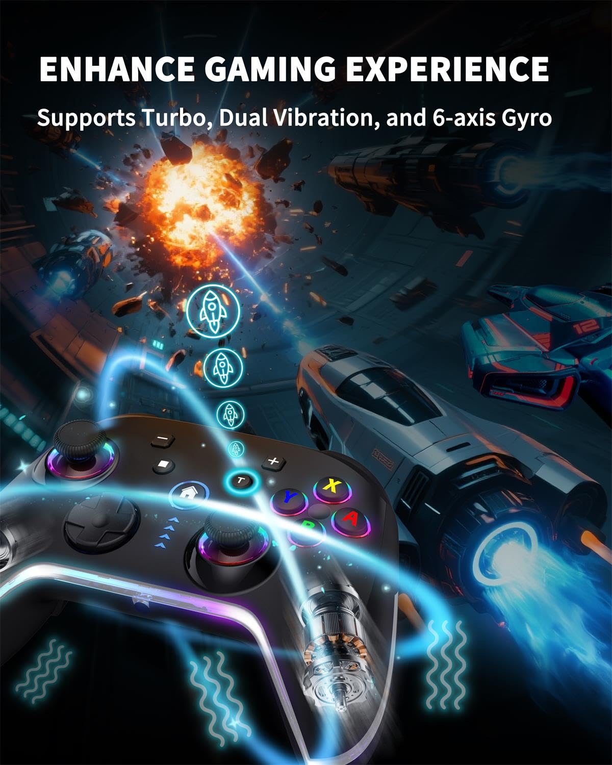 Mobile  Controller for iOS//Android/Cell Phone//Laptop, Gaming Gamepad with Phone Clip for Gamers, Hall Effect Triggers, Wired PC Control, with RGB LED Lighting/Vibration/6-Axis Gyro/Turbo (Black)