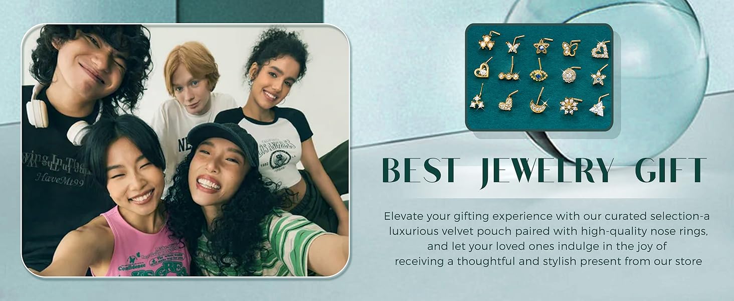 YADOCA Gold Nose Rings Studs for Women - 20G Surgical Steel Nose Ring L Shaped Nose Piercing Jewelry Hypoallergenic CZ Heart Nose Studs Silver Rose Gold 16Pcs