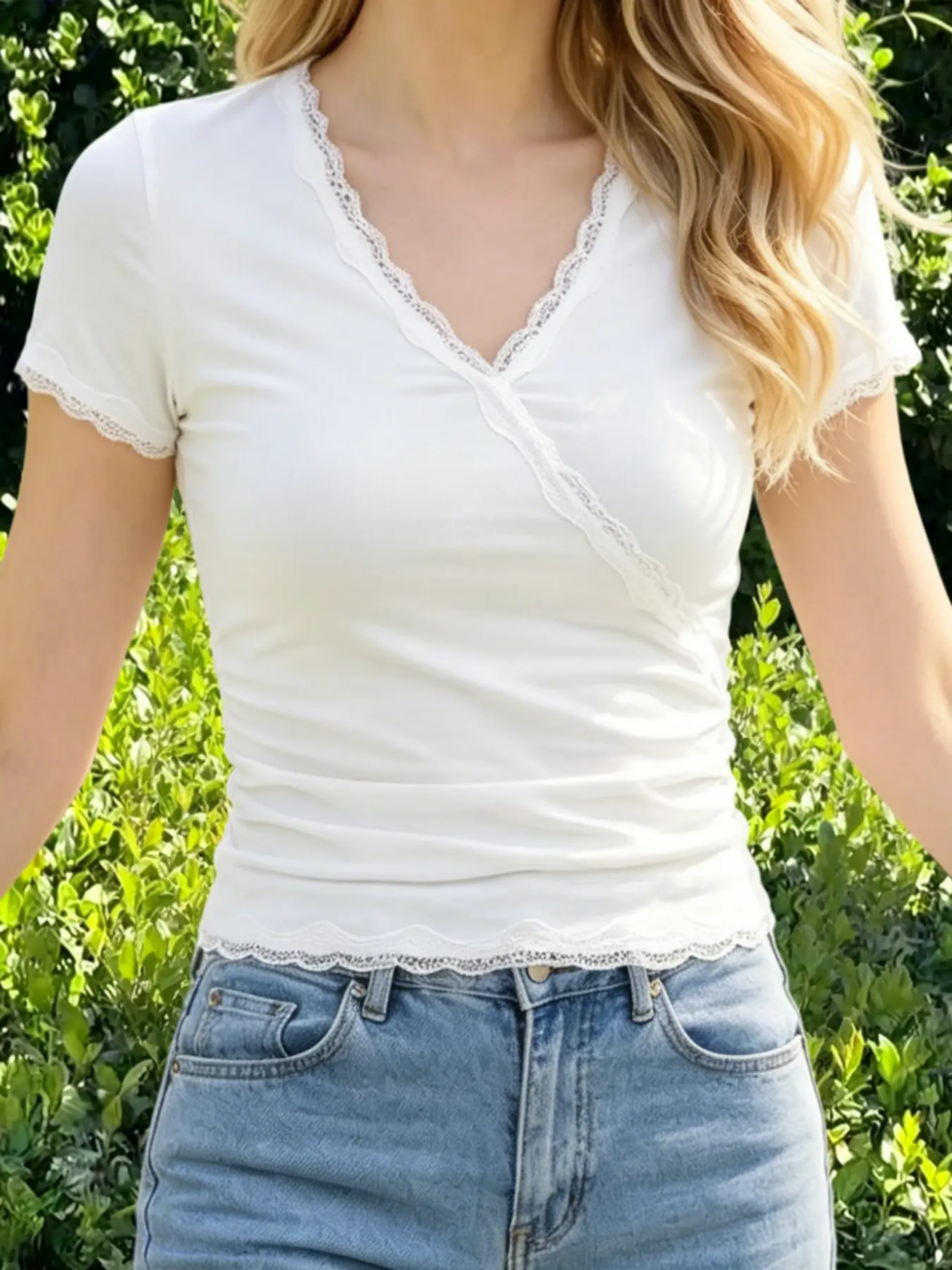 Women's Pure Short Sleeve T-Shirt, Unique Design, Lace Shirt V-Neck, Casual Everyday Summer Top, Comfortable and Stylish