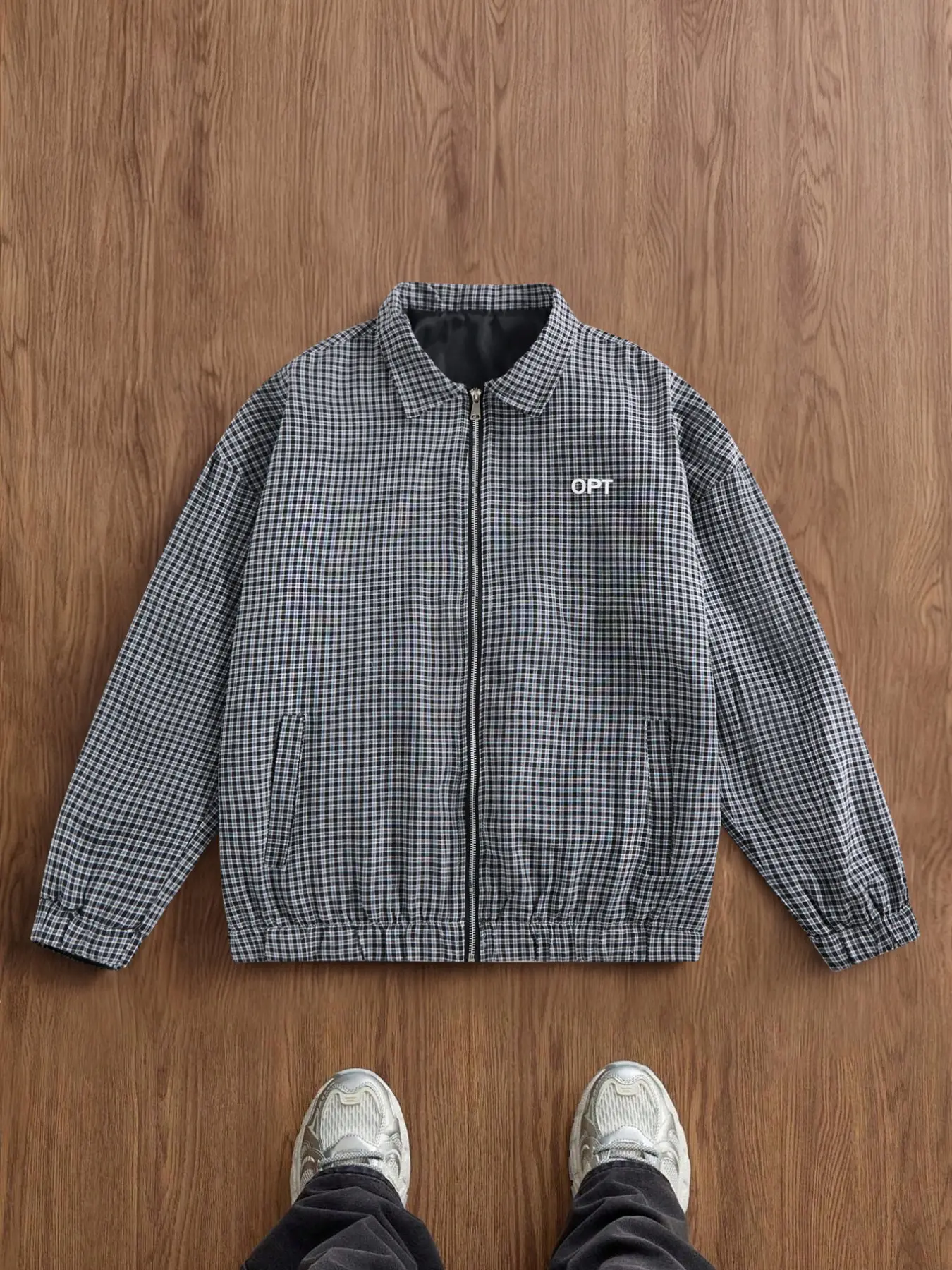 Men's retro fine grid woven fabric lapel Harrington jacket front zipper placket OPT letter casual jacket elastic cuffs hem slanted pocket lightweight windproof daily street outerwear