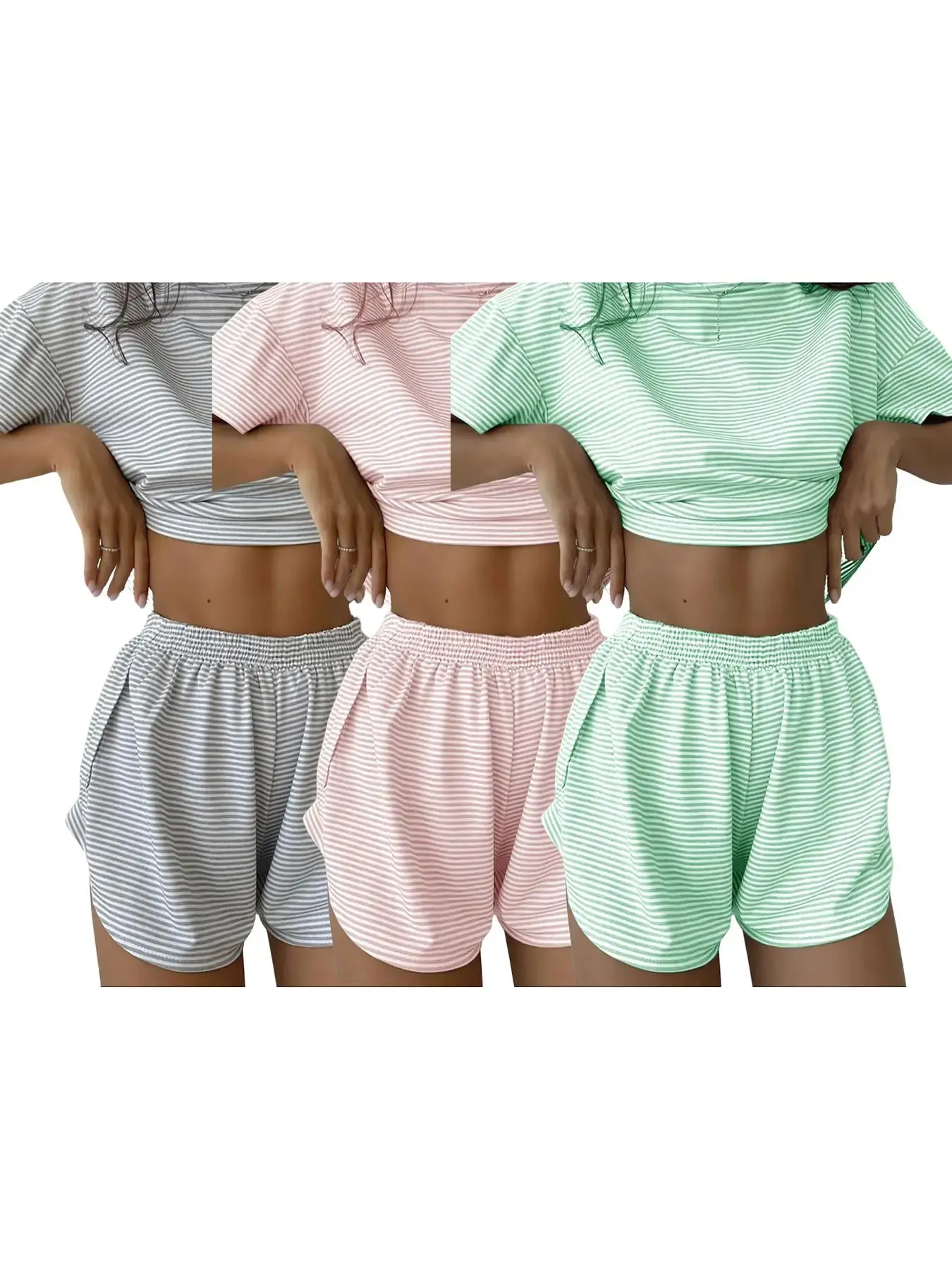 2 Piece Set Halloween Striped Casual Baggy Loose Fit Knit Short Sleeve Top and Shorts, Elastic Waist, All Seasons Women's Home Wear