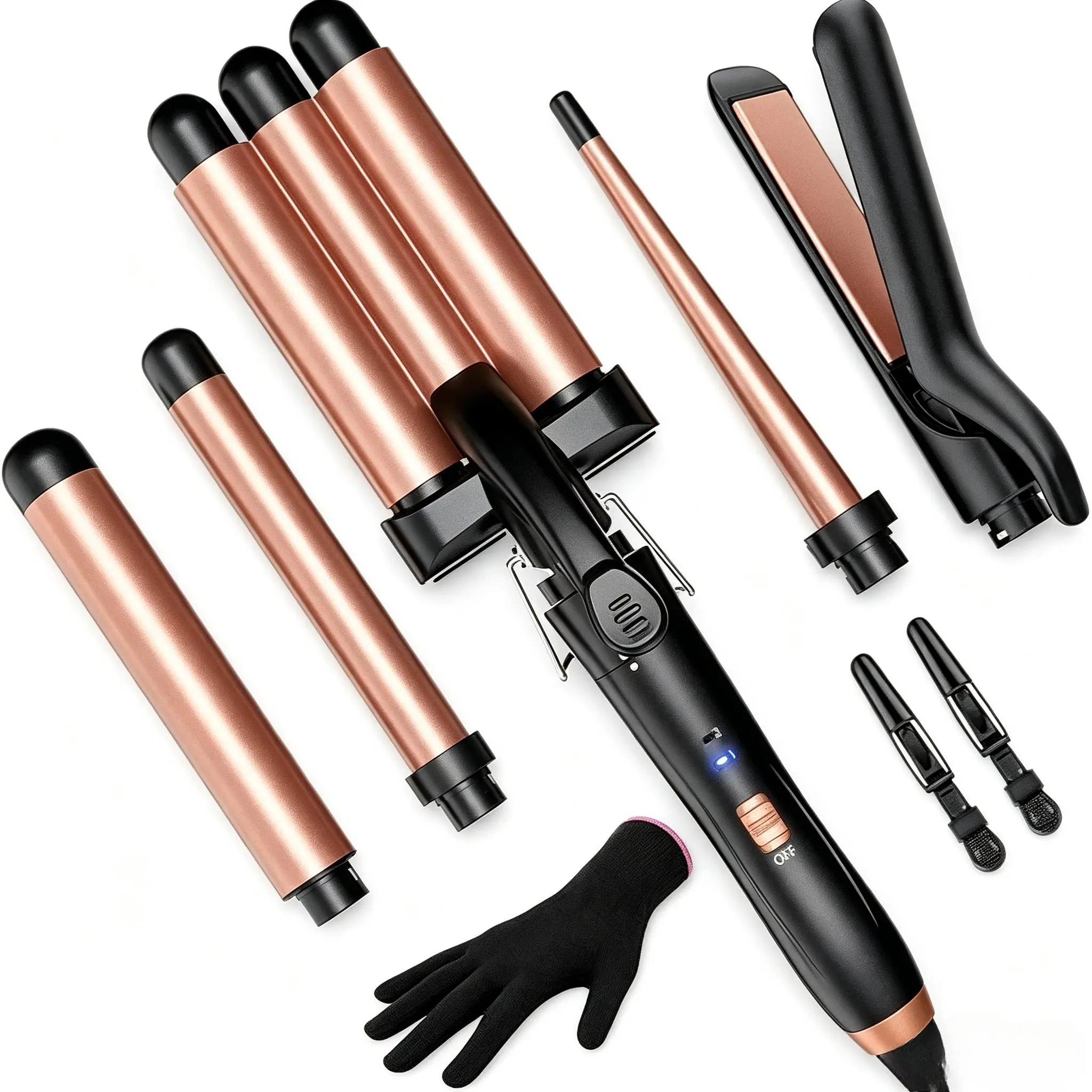 Women's 5-in-1 Compact Multi-Functional Curlers & Straighteners Set - 5 Interchangeable Ceramic Barrels, Smooth Straightening Curly Hair, Bouncy Curls, Wavy Hair Styling, Dual Voltage Purple Rose Gold Gift Set