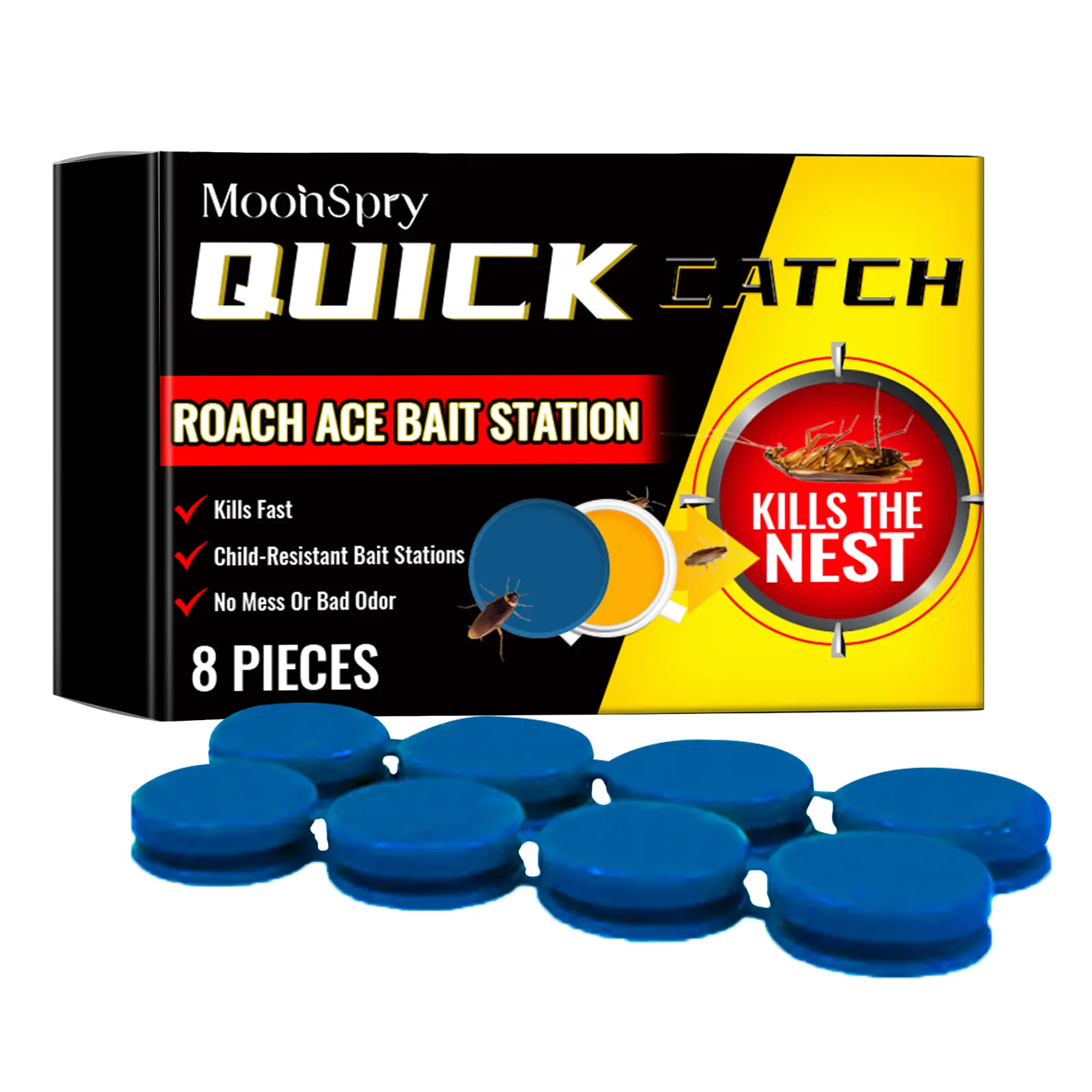 MoonSpry Roach Killer Gel Bait (8 Pieces) - Pest Control Cockroach Solution, Fast-Acting Fipronil Formula, Child-Resistant, Nest Destroyers, Mess-Free, No Vapor/Fumes/Odor, Kills Small Roaches & Entire Infestations