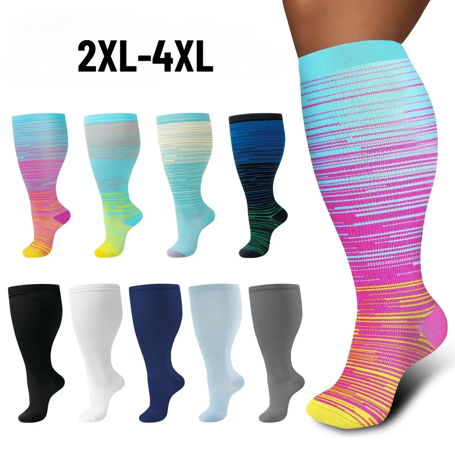 Plus Size Knee High Compression Socks, Unisex, Wide Calf Knee High Support Socks, Suitable for Running, Nurses (Long Standing), Pregnancy, Travel, Promotes Blood Circulation, Anti-Slip & Breathable ankle athletic backtoschool