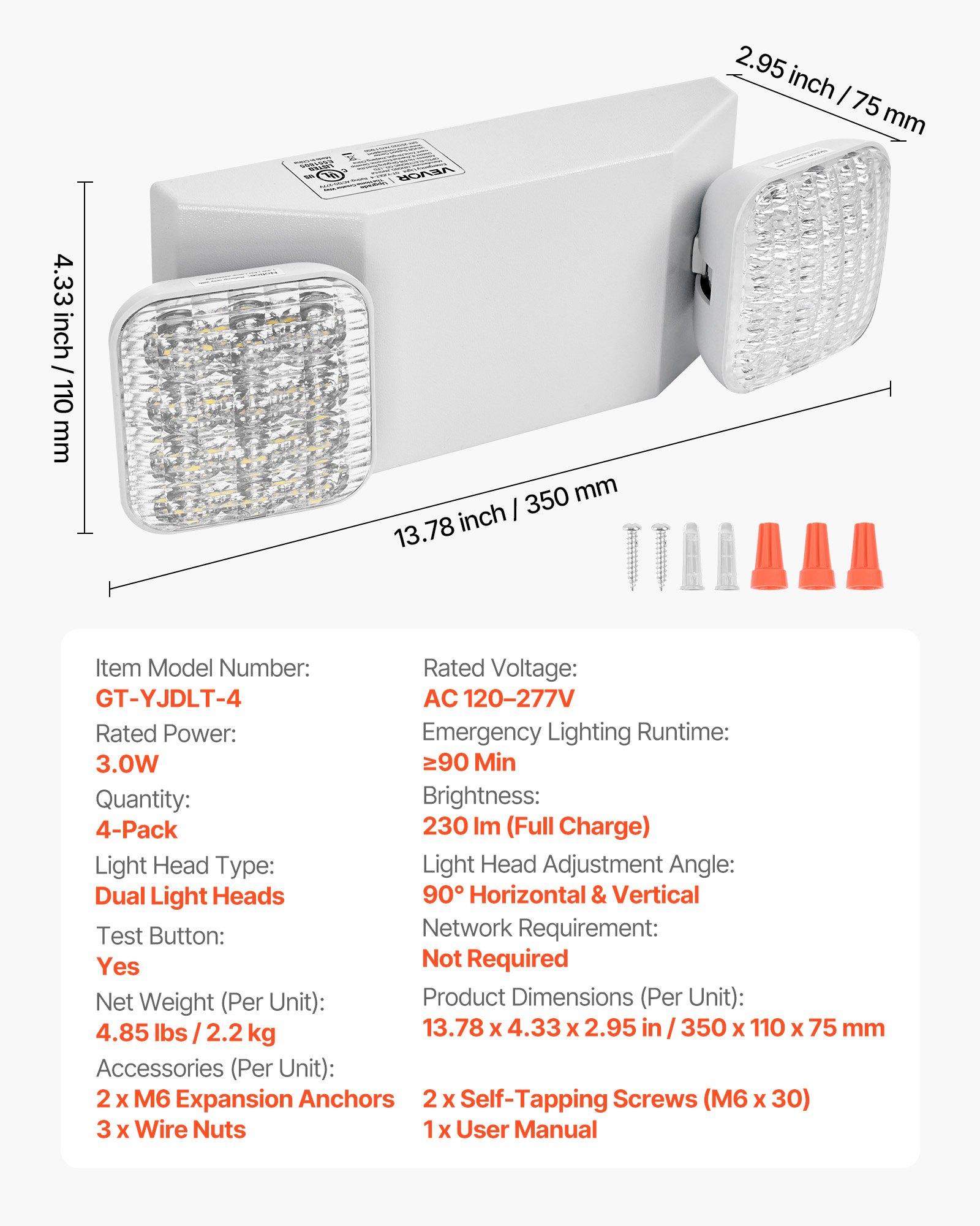 VEVOR 4 Pack Emergency Lights for Business, with Battery Backup, Commercial LED Emergency Exit Lighting Fixtures, AC 120/277V, with Two Square Head Adjustable, 90-Minute Backup, for Business, White