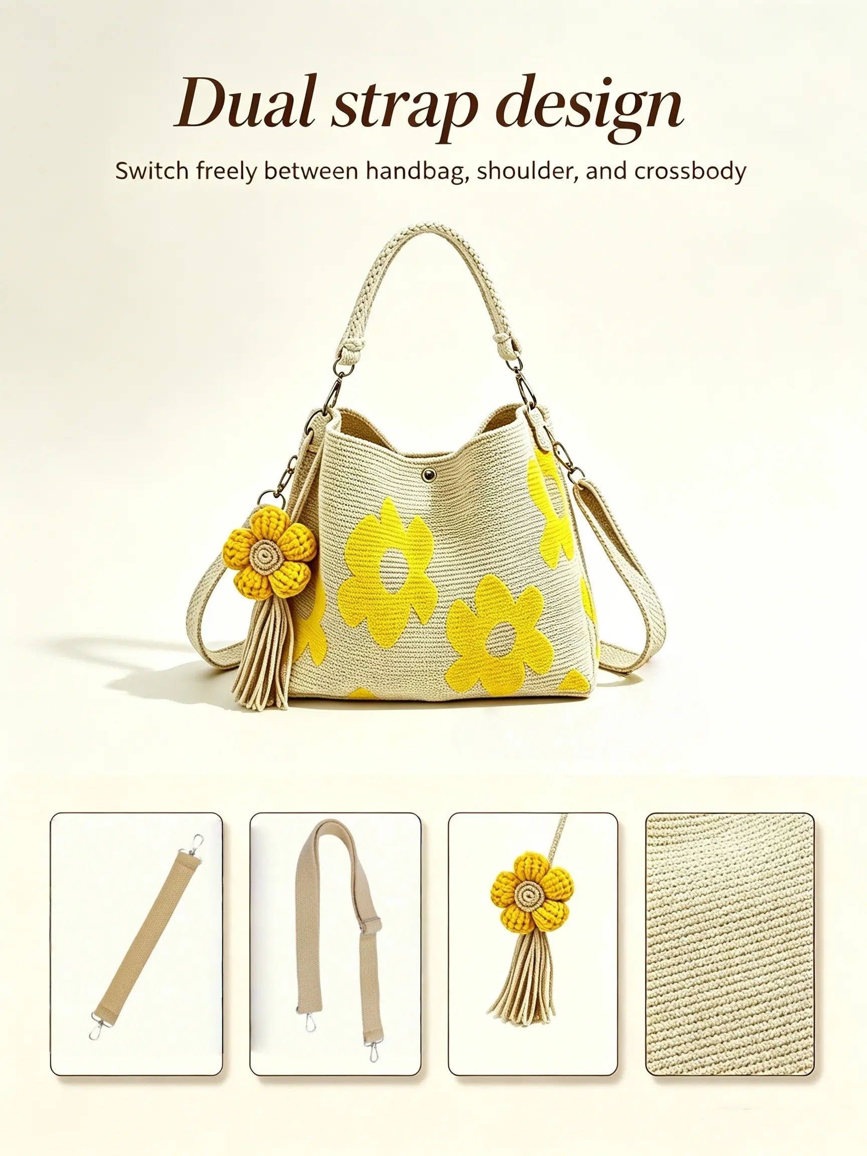 Women's Floral Handbag, Soft Texture, Peach Base with Flower Embroidery, Dual Wide Straps, Magnetic Closure, Perfect for Daily Use, Boho Handbag, Casual Everyday Bag
