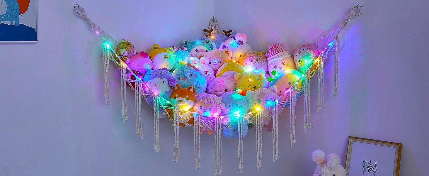Stuffed Animals Net or Hammock with LED Light, Hanging Stuffed Animals Storage Toy Hammock Net Corner Wall Girls Room Decor Toy Storage Organizer, Purple,