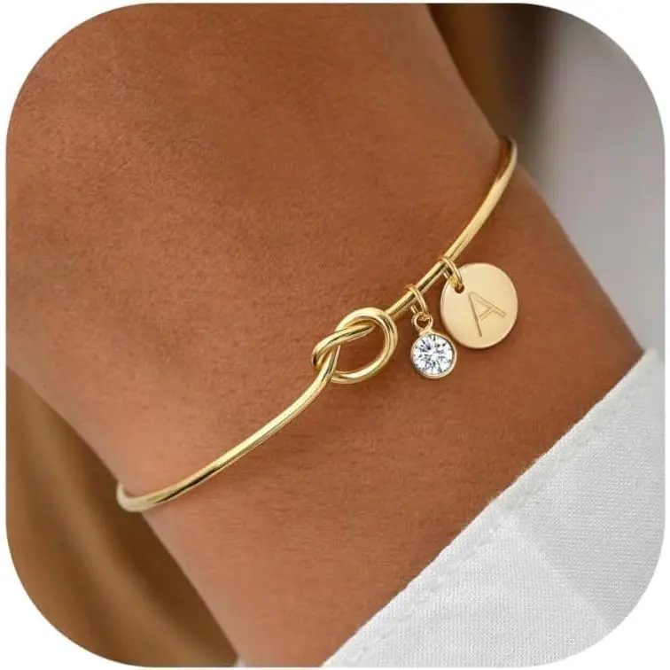 Initial Birthstone 14K Gold Plated Bracelets for Women Bridesmaid Proposal Gift Love Knot Cuff Bangle Bracelet Birthday Gifts