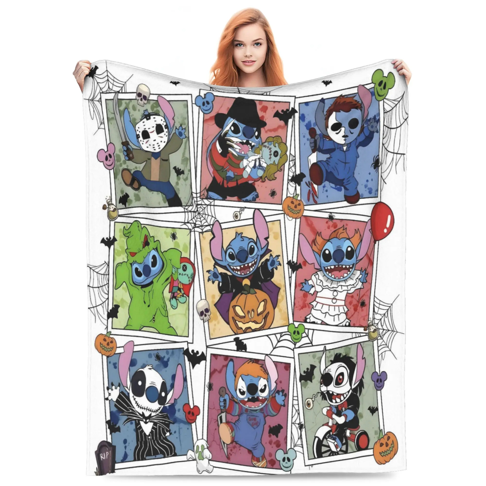 DISNEY CLASSIC Stitch Horror Cosplay Halloween Throw Blanket, Slasher Movie Character Costume Stitch Collage Spider Web Pumpkin Bat Print, Soft Flannel Lightweight Cozy Blanket for Sofa Bed Halloween Decor