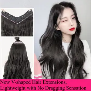 Women's One-Piece U/V-Shaped Long Wavy Hair Extensions, Invisible Fluffy Clip-In Hairpiece