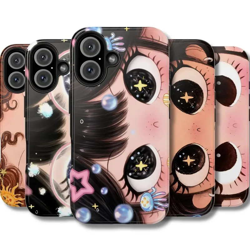 Cute big-eye phone case featuring dreamy manga-style girl's eyes; retro feminine collage-style design; anime-inspired artwork; available for popular models in the iPhone 11–17 Pro Max/Plus and Samsung Galaxy S23–S25 series.