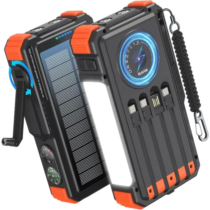 Portable Charger 20000mAh Solar Power Bank with Hand Crank, 4 Cables, 20W Fast Charging, USB-C, Camping Light & Wireless Charging for iPhone, iPad & All Mobile Phones