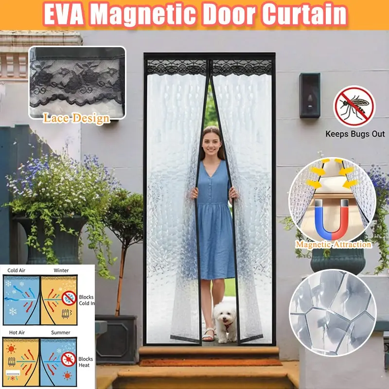 1pc Eva Magnetic Curtain Door, Lace Design Air Conditioning Door Curtain, Easy Installation, Pet Friendly, Auto Closing, Home Decor
