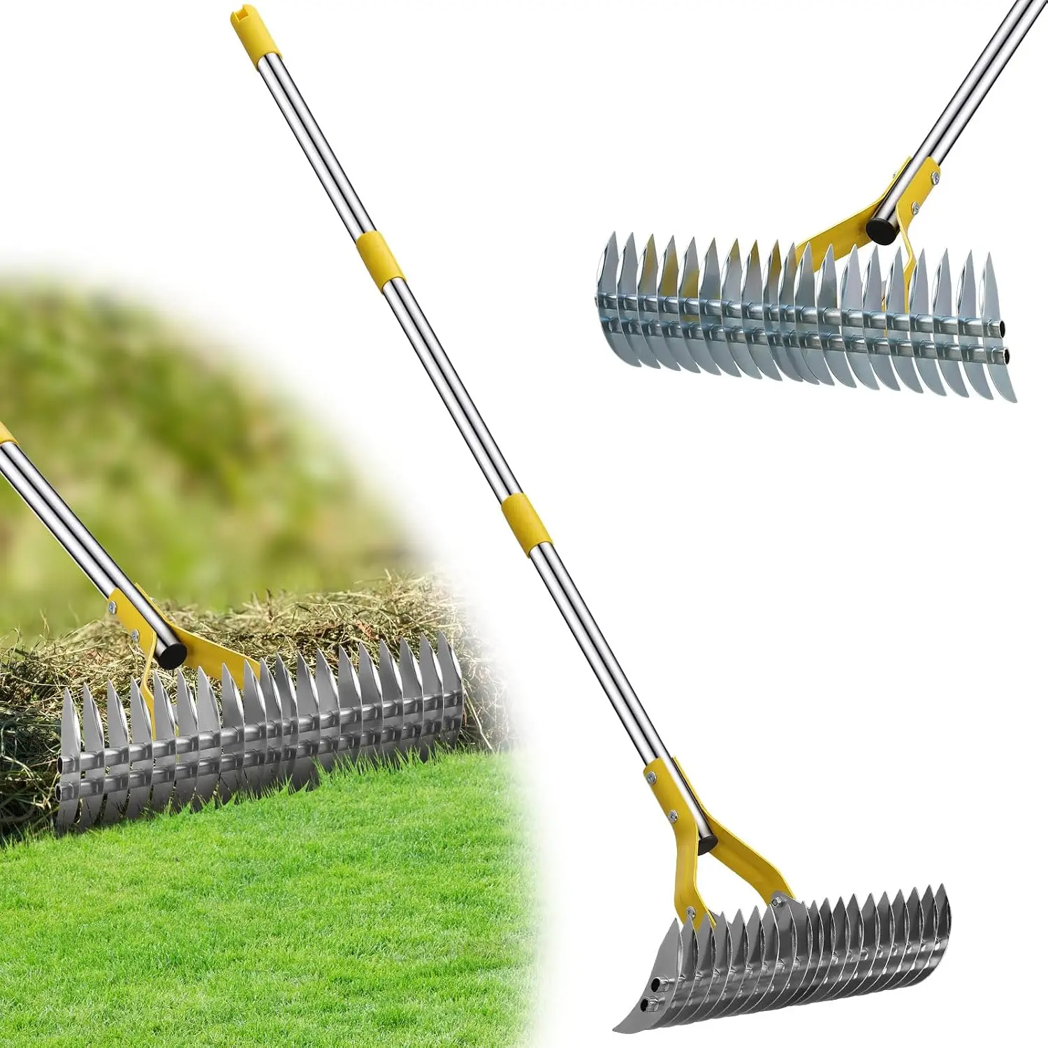 Thatch Rake,69 Inch Garden Thatching Rake for Grass Removal, 15 Inch Wide Heavy Duty 19  Steel Metal Garden Leaf Rakes,Landscaping Raking Garden Tools for Lawn Care Loosening Leveling Soil Mulch