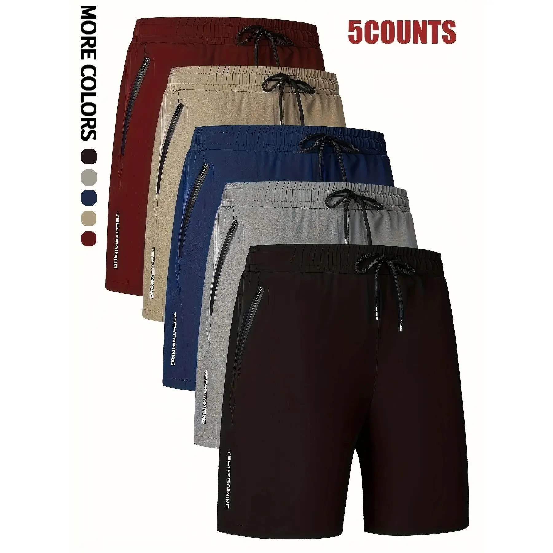 5-Pack Men's Solid Polyester Sports Shorts, Quick Dry Lightweight Activewear with Side Zippers for Gym and Running, Solid Sports Shorts, Training Cycling Shorts, Mens Clothing