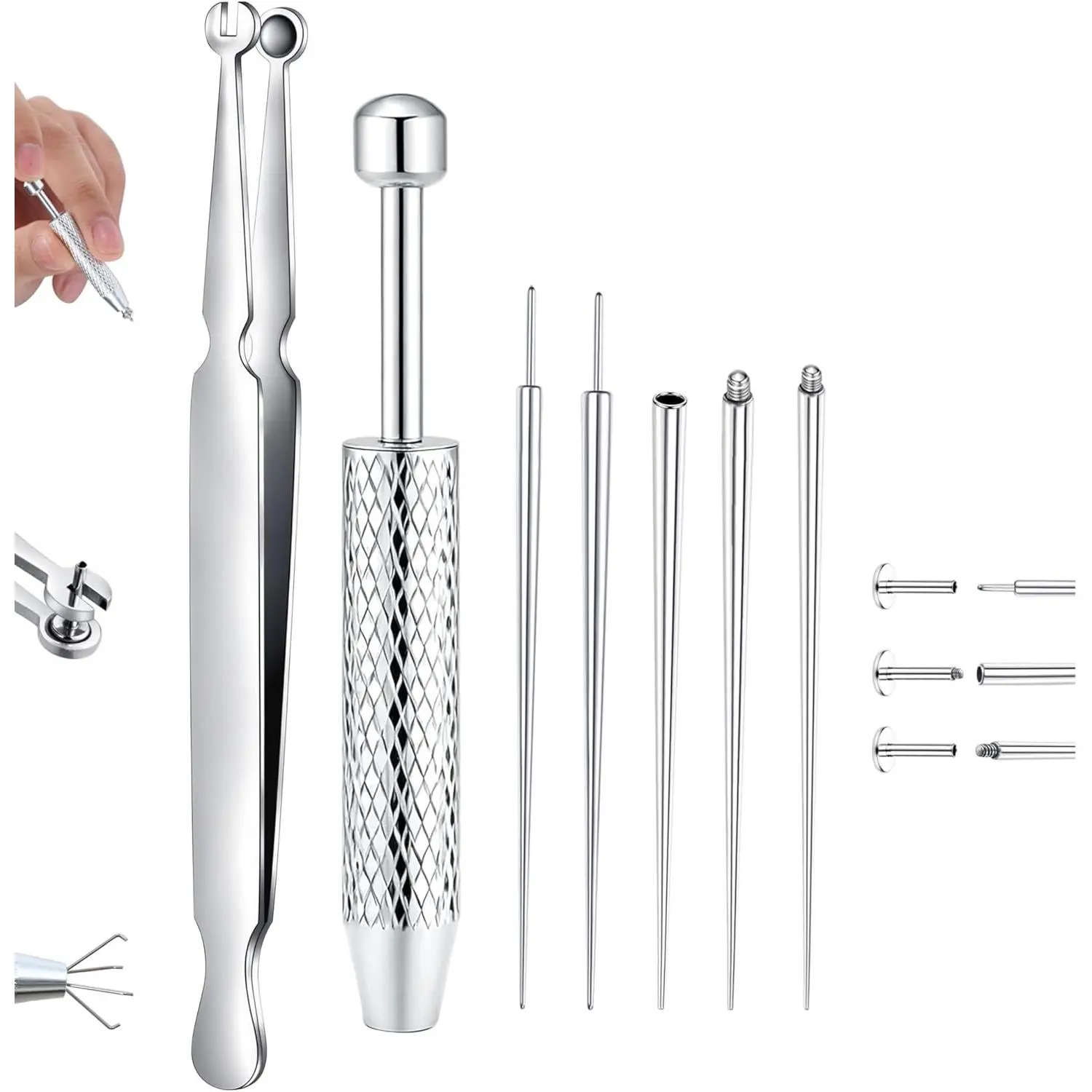 Piercing Taper Ball Grabber Tool for Changing Jewelry - 14G 16G 18G 20G Stainless Steel Flat Back Earrings Applicator Tool Threadless Insertion Pin Thread Body Piercing Kit for Ear Nose Lip