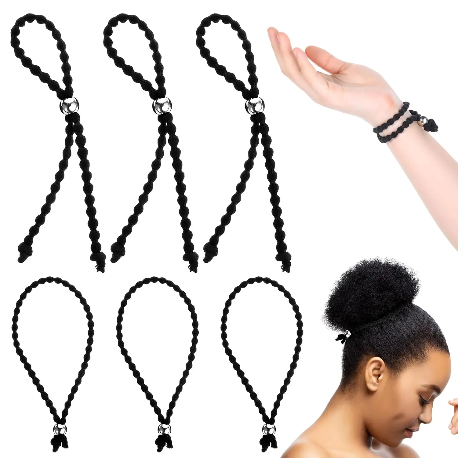 6 count Adjustable Length Hair Ties for Thick Hair Afro Puff Black Women Girls, Silk Soft Ponytail Holder Puff Cuff  Hair Ties Loc Headband for Braided Kinky Curly Pineapples No-Slip Design