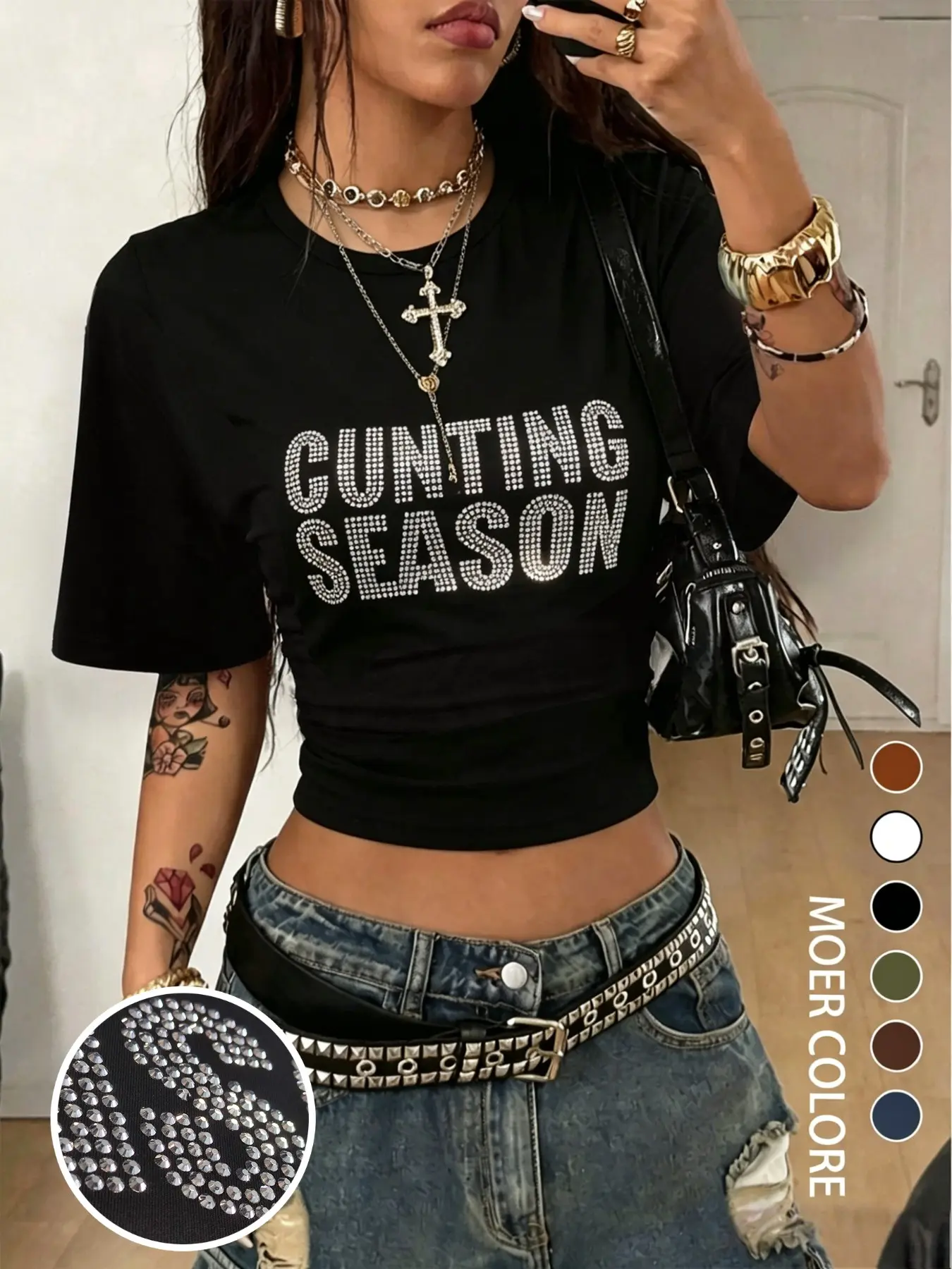 Women's cropped T-shirt top featuring a gathered waist, casual summer styling, and a rhinestone-embellished letter print; the slim-fit cut is perfect for everyday wear, offering a youthful, smart-casual look.