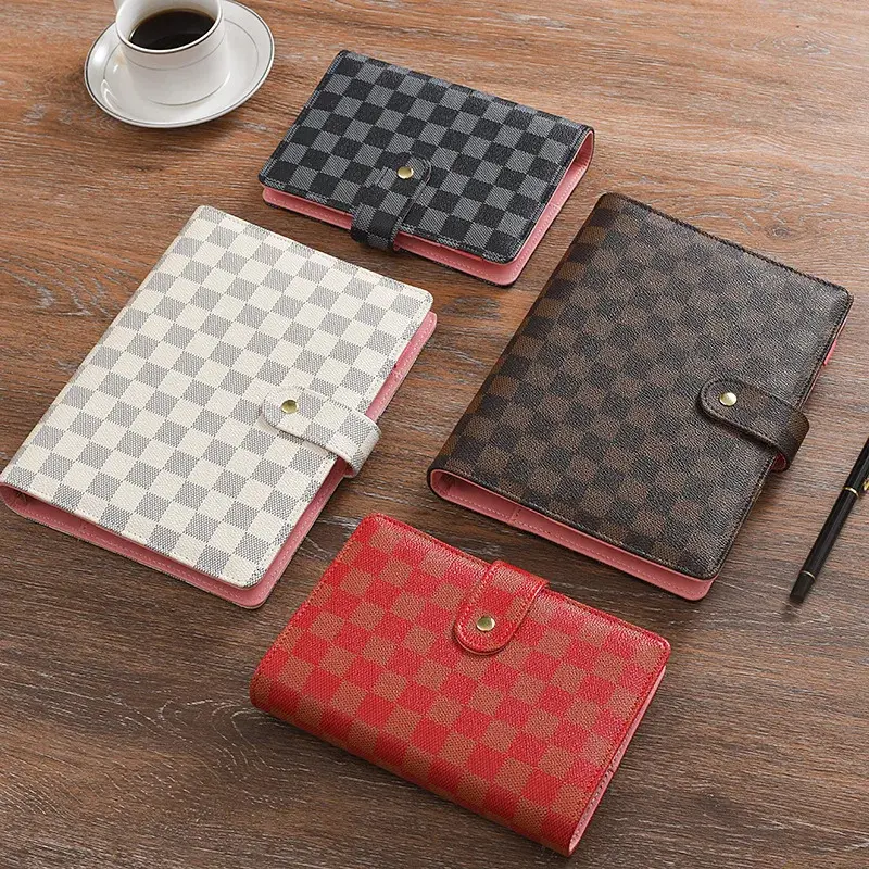 A5 Hardcover Loose-Leaf Notebook - High-End Faux Leather Cover, Checkered Pattern, Multifunctional Business Diary